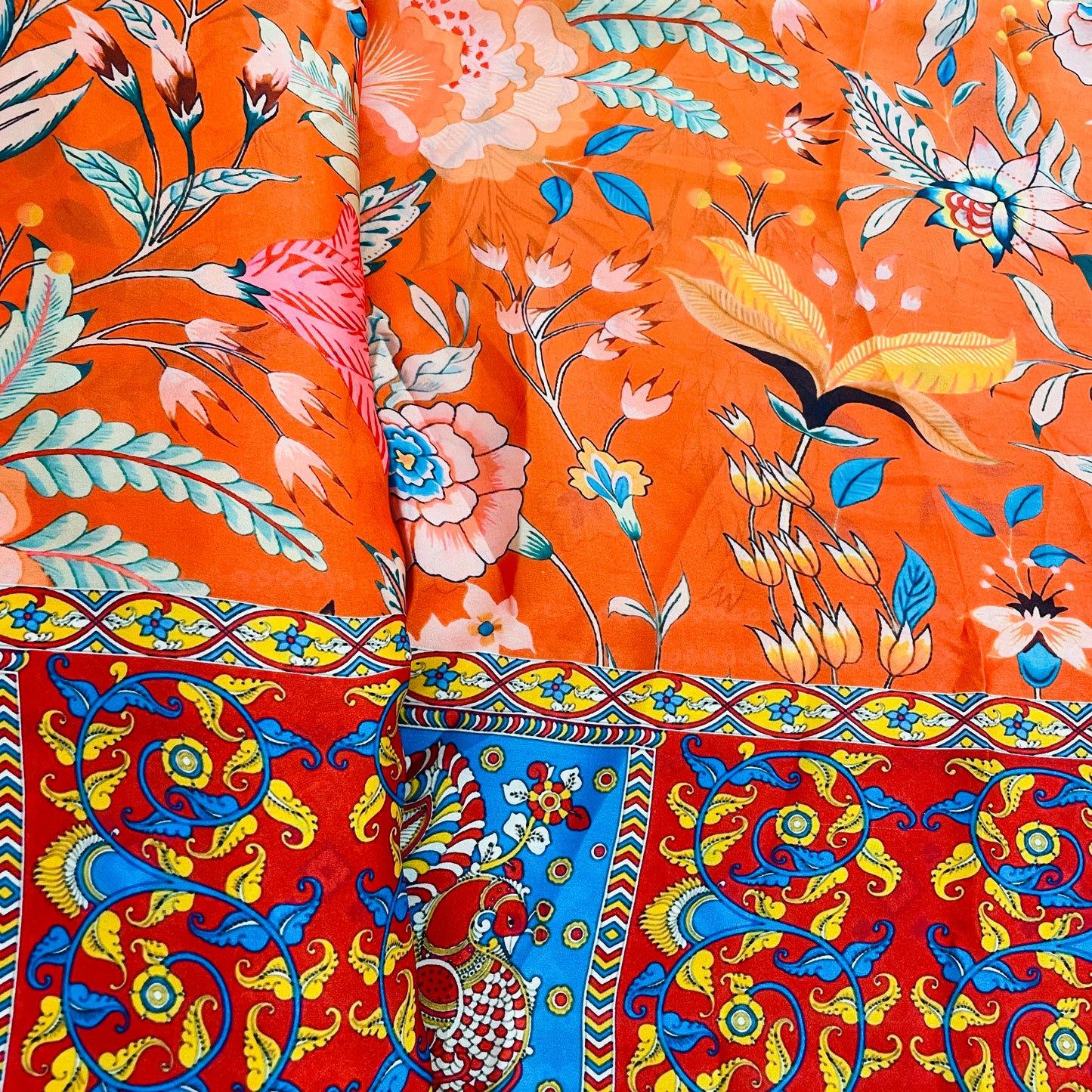 Orange & Multicolor Floral Print Georgertte Satin Fabric - TradeUNO