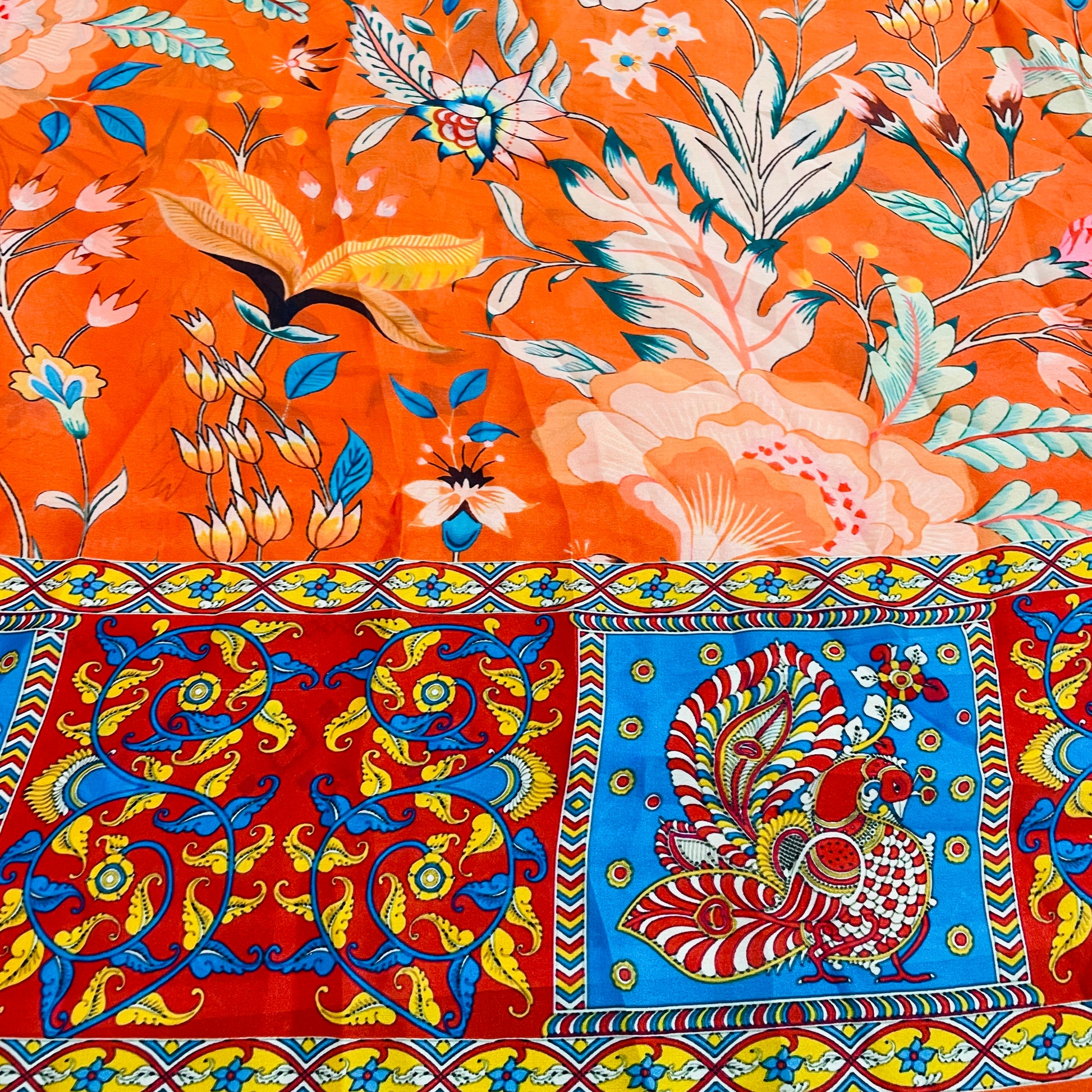 Orange & Multicolor Floral Print Georgertte Satin Fabric - TradeUNO