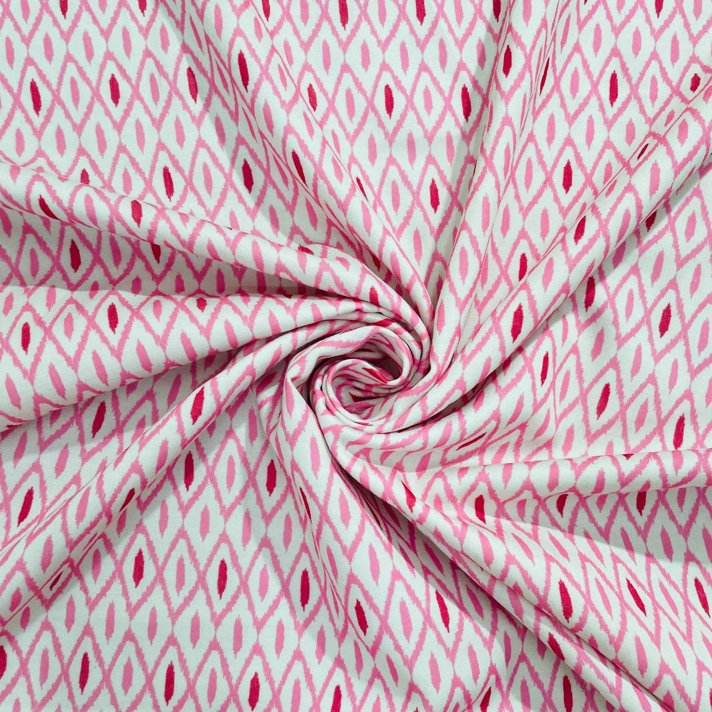 White & Pink Ikkat Print Cotton Satin Fabric - TradeUNO