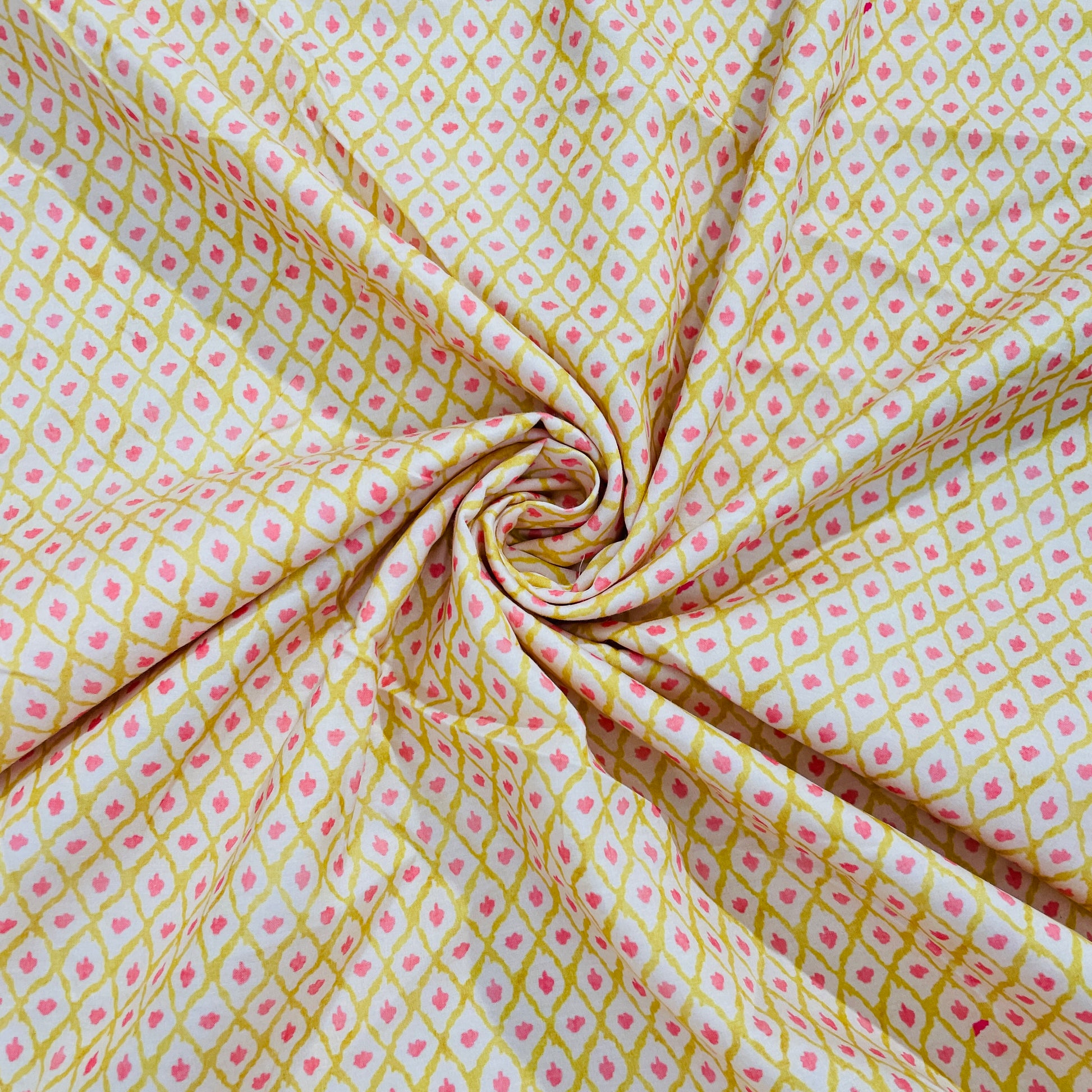 Yellow & Pink Ikkat Print Cotton Satin Fabric - TradeUNO