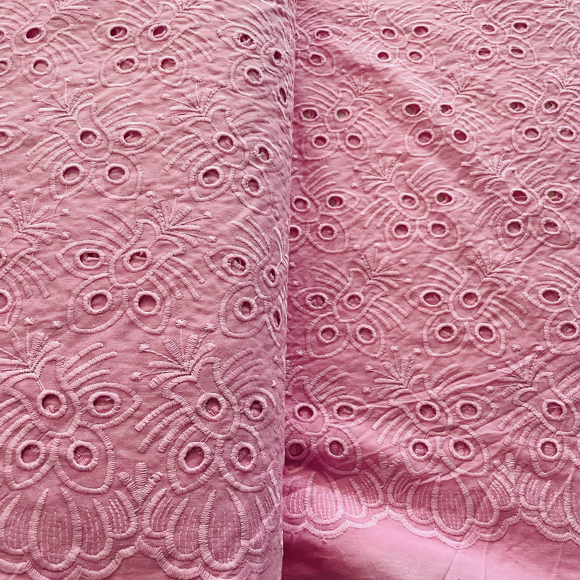 Premium Pink Floral Embroidery Cotton Schiffli Fabric