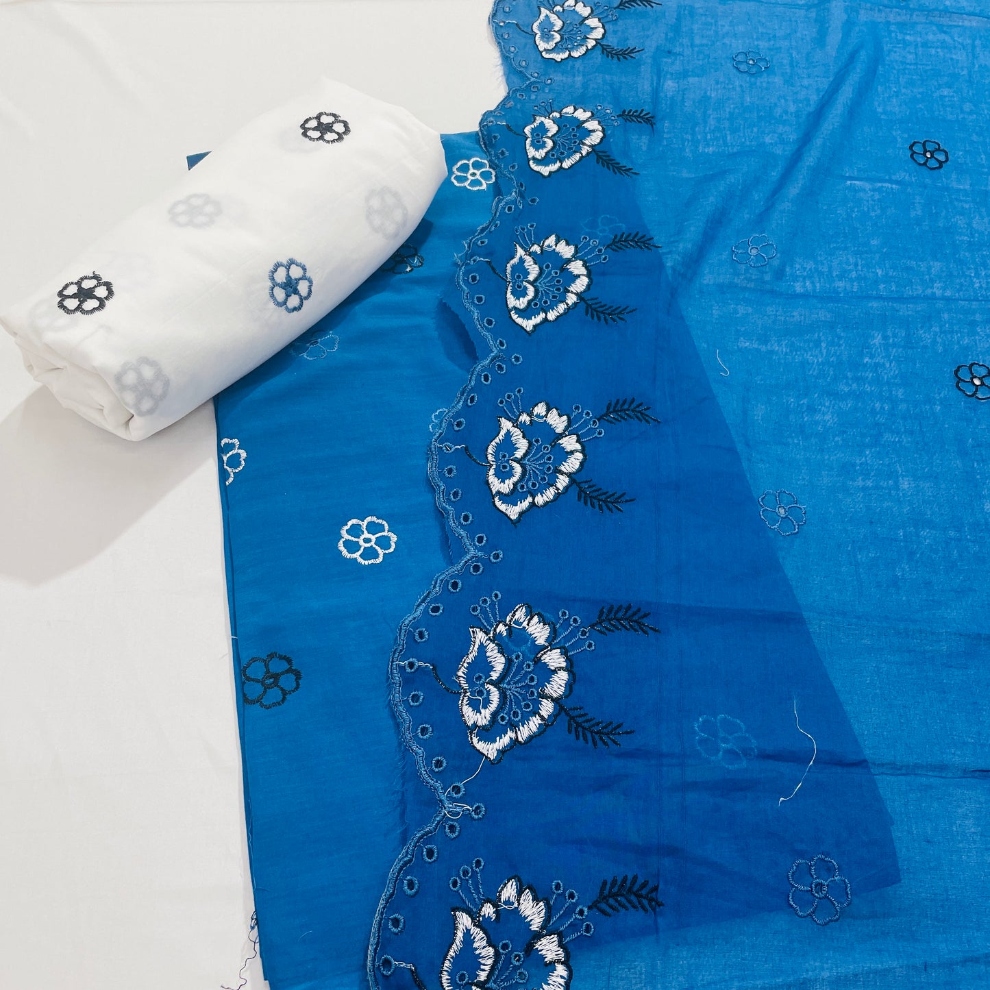 Dark Blue & Black Floral Embroidery Cotton Suit Set - TradeUNO