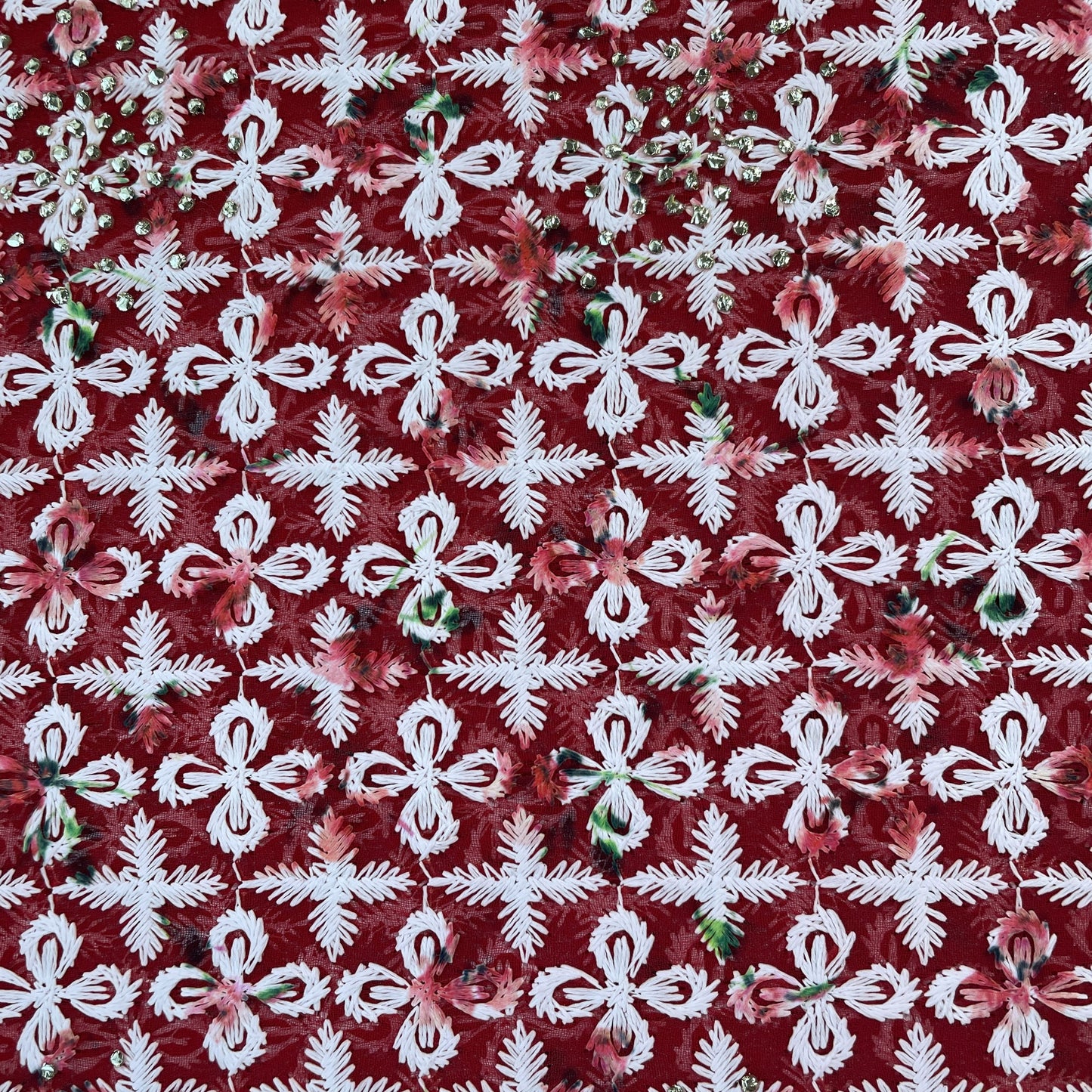 Red Floral Mukaish Print Thread Embrodiery Georgette Fabric 8034