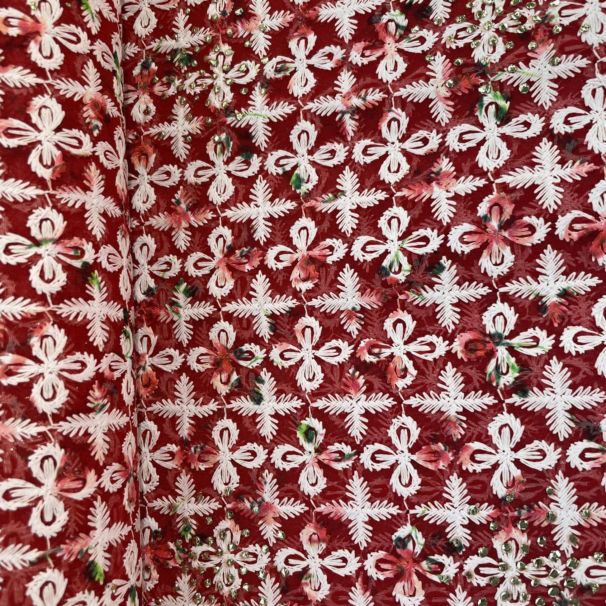 Red Floral Mukaish Print Thread Embrodiery Georgette Fabric 8034