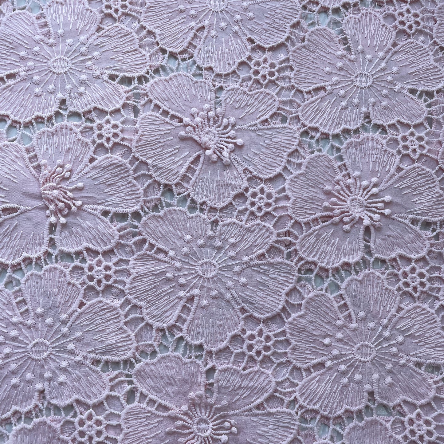 Premium Baby Pink 3D Floral Embroidery Schiffli Crepe Fabric 16596