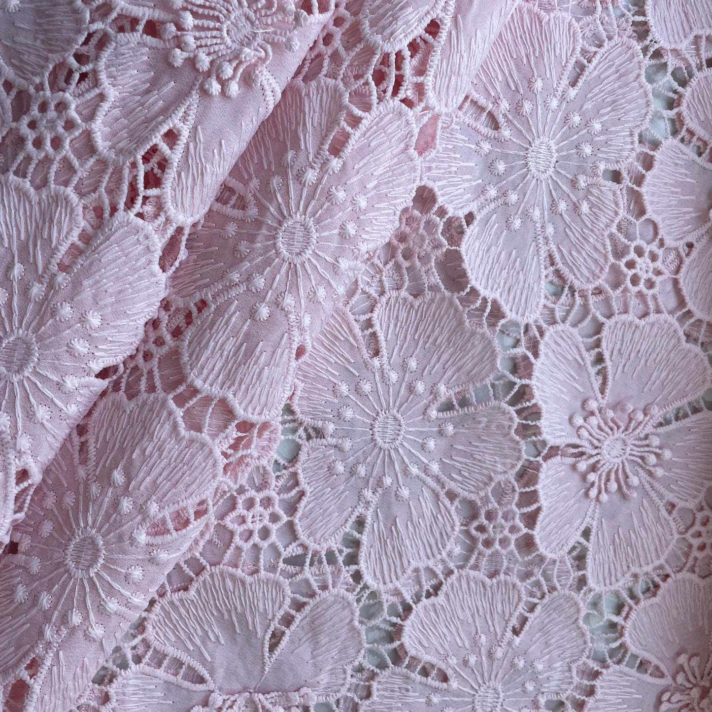 Premium Baby Pink 3D Floral Embroidery Schiffli Crepe Fabric 16596