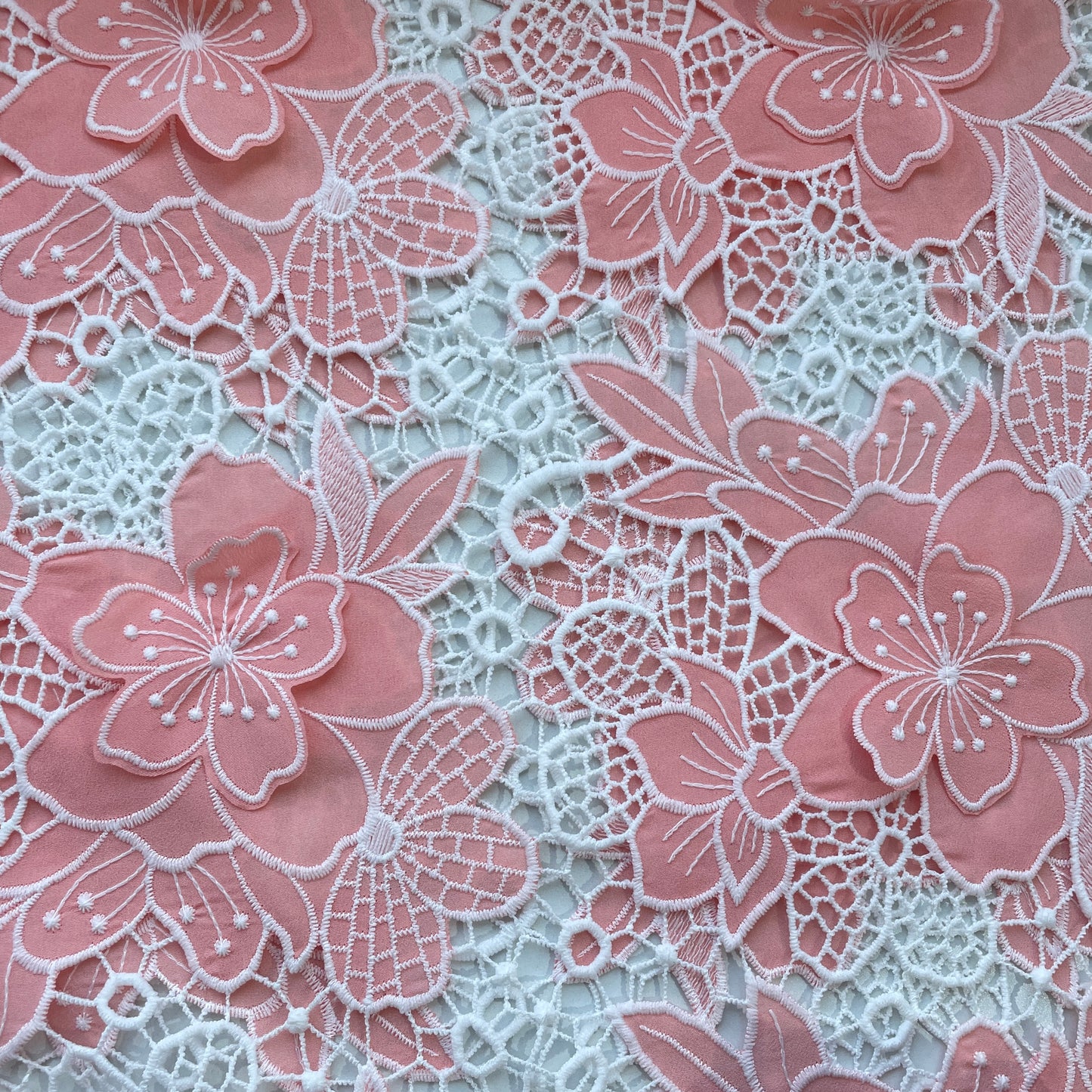 Coral Pink 3D Floral Crepe Crochet Fabric 16134