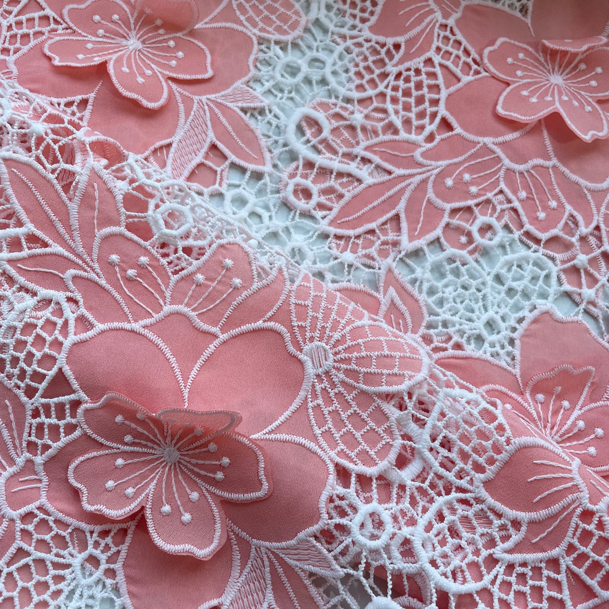 Coral Pink 3D Floral Crepe Crochet Fabric 16134