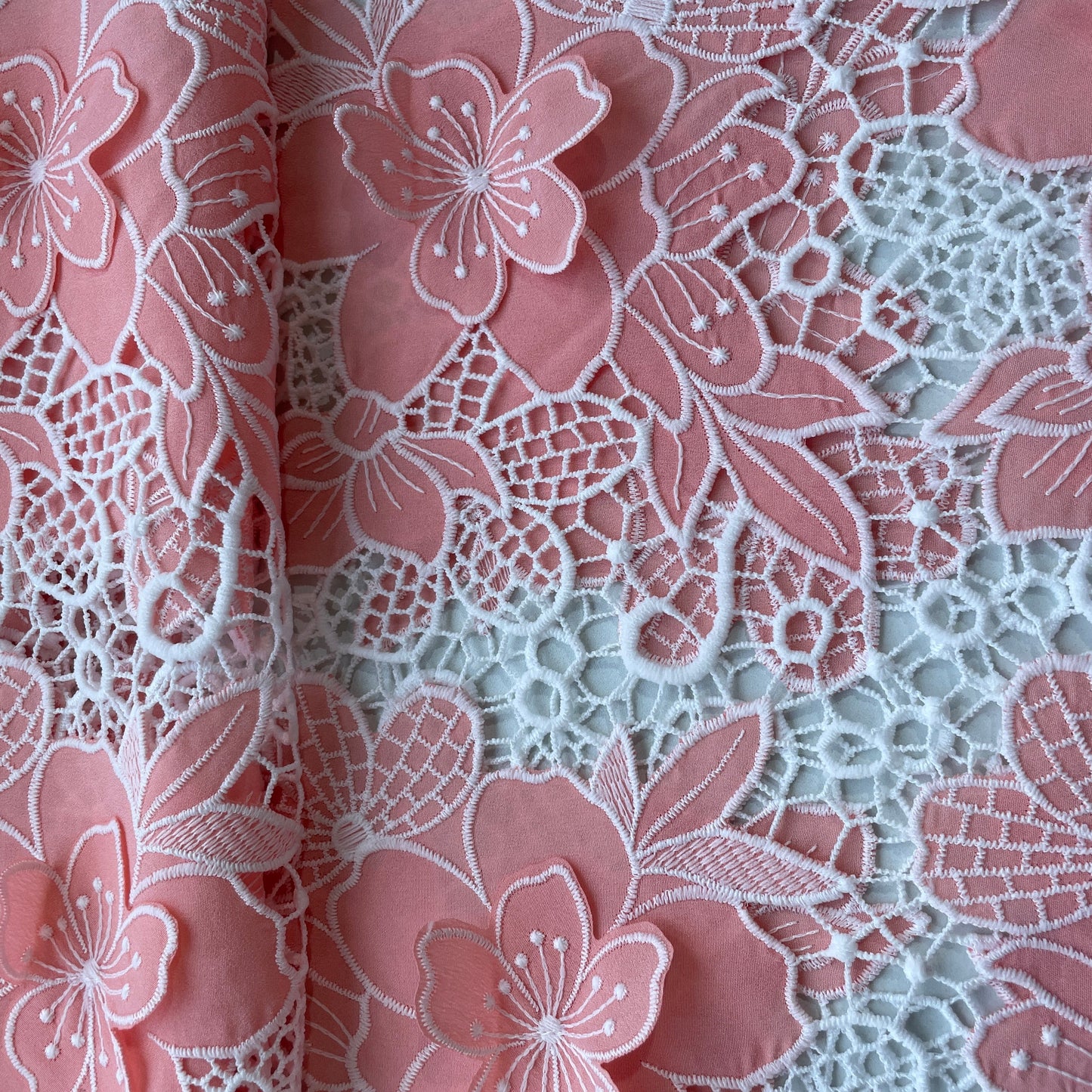 Coral Pink 3D Floral Crepe Crochet Fabric 16134