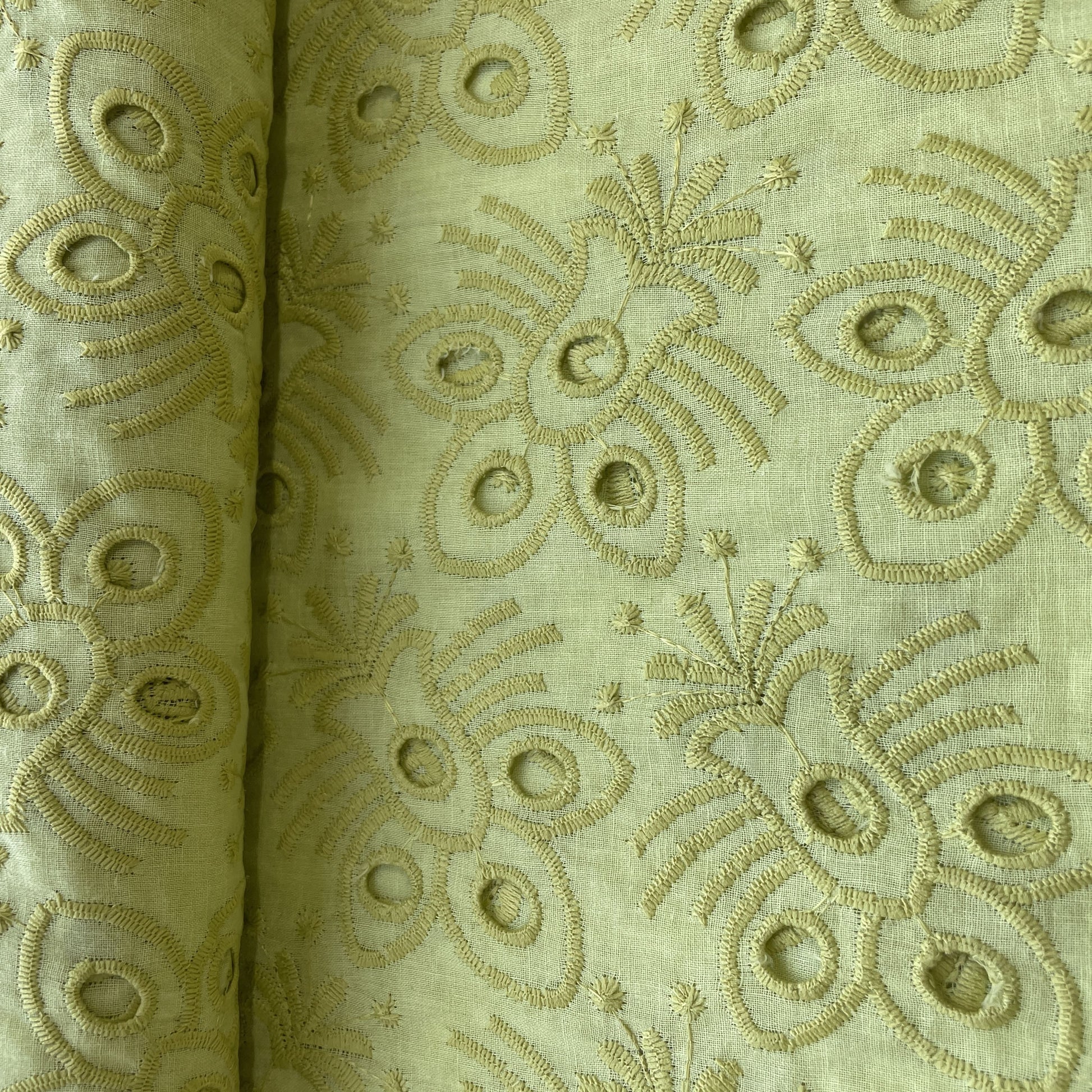 Olive Green Floral Embroidery Cotton Schiffli Fabric 16673