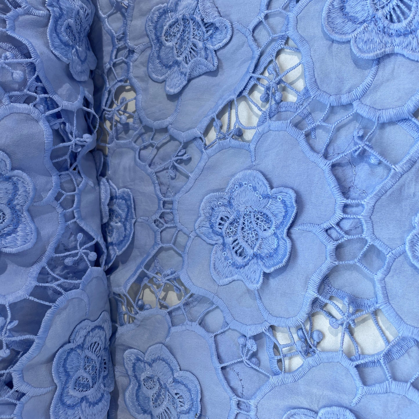 Premium Cornflower Blue 3D Floral Sequins Embroidery Schiffli Crepe Fabric 16581