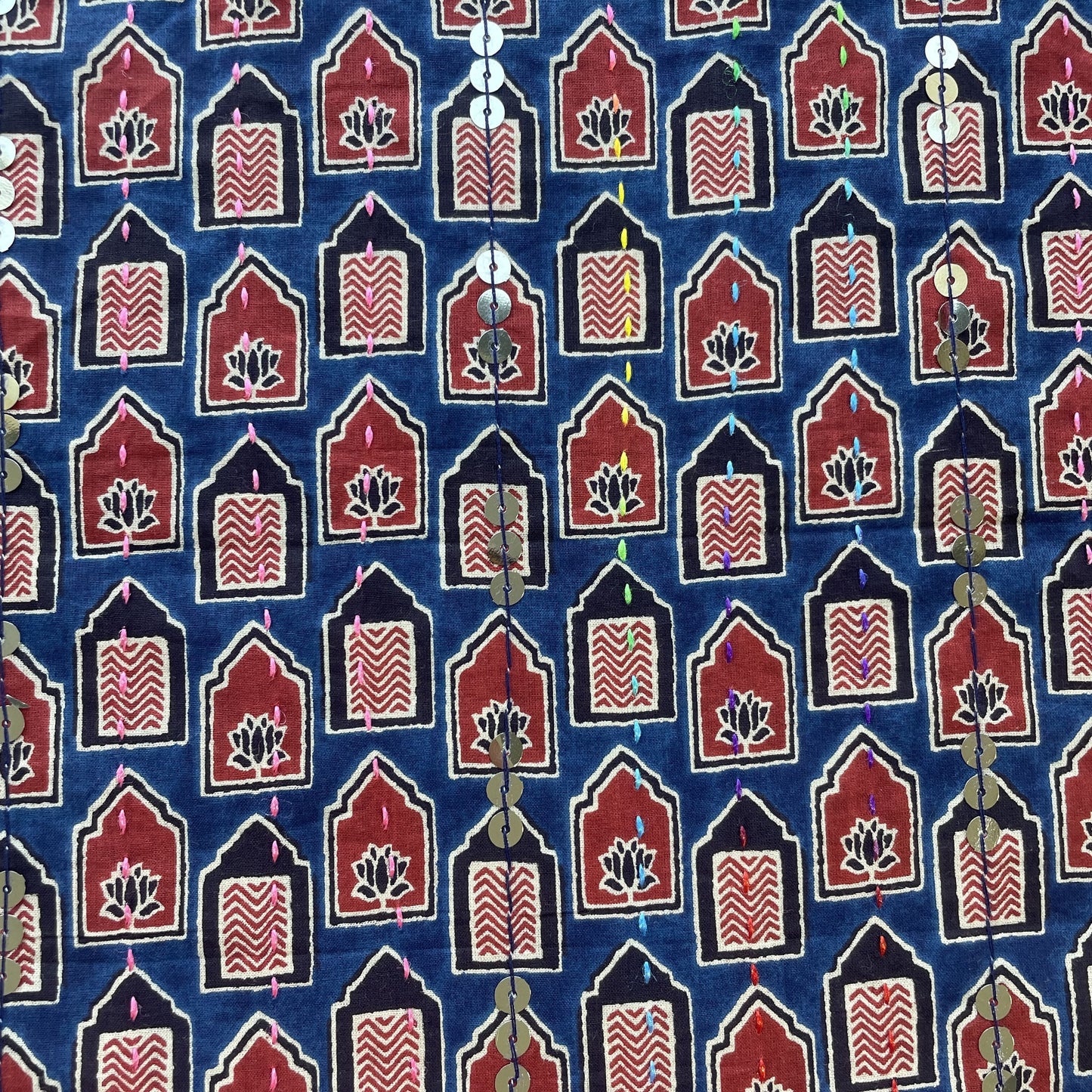 Blue & Multicolor HandBlock Kantha Work Sequence Embroidery Cotton Fabric 9298