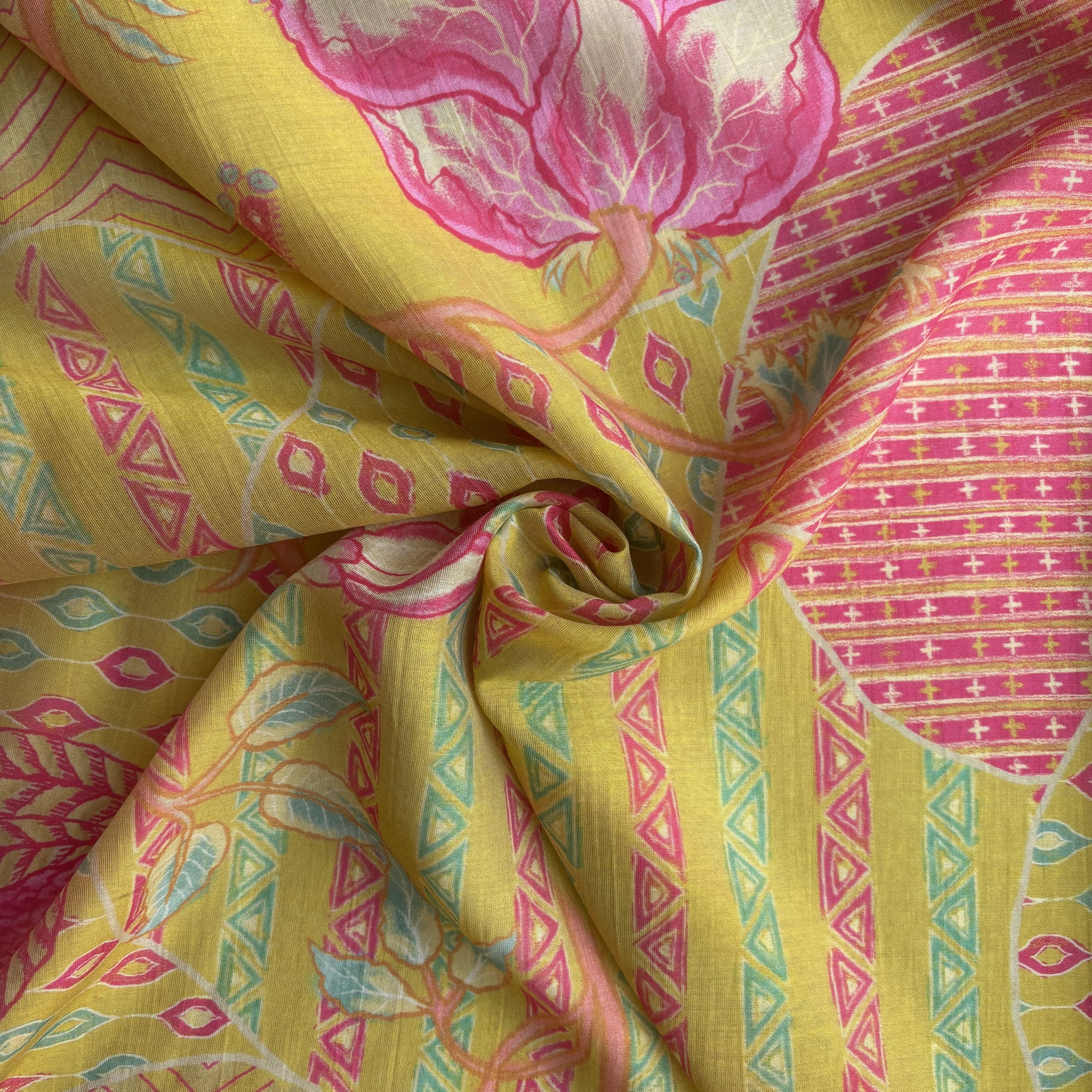 Yellow Floral Print Chanderi Silk Fabric 17694