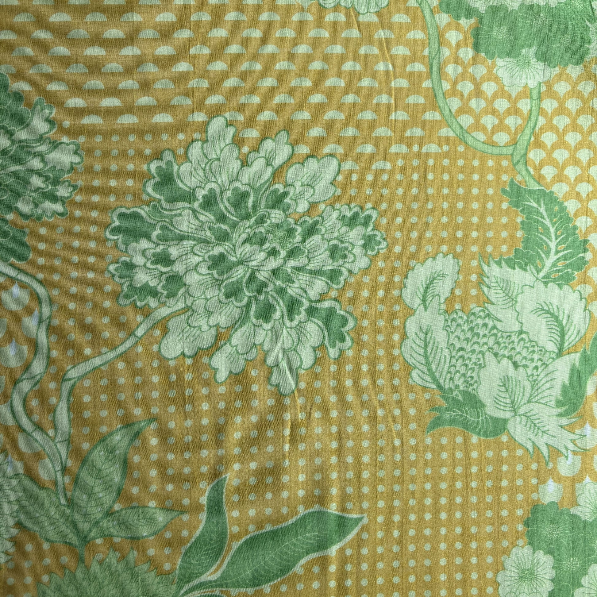 Mustard Yellow Green Floral Print Chanderi Silk Fabric