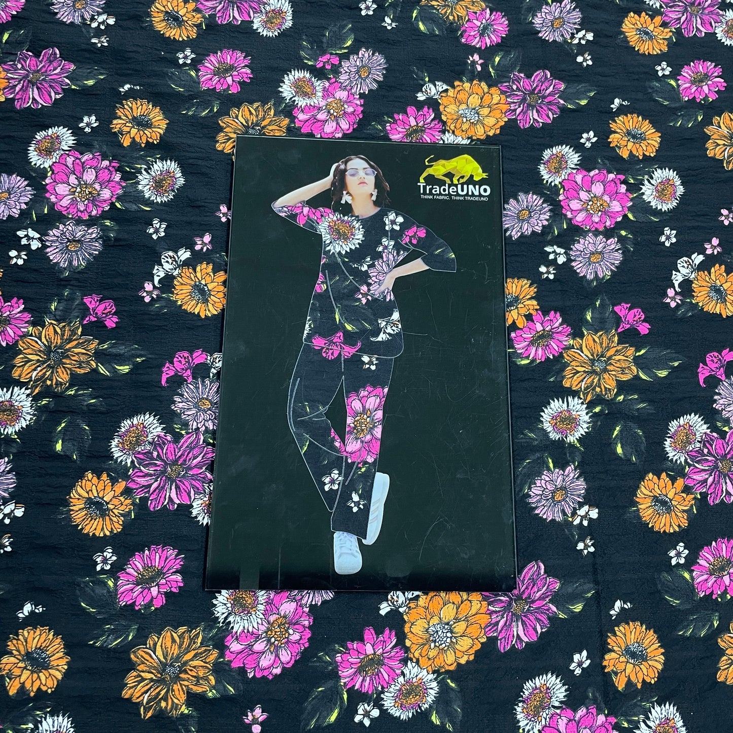 Black With Multicolor Floral Print Moss Crepe Fabric - TradeUNO