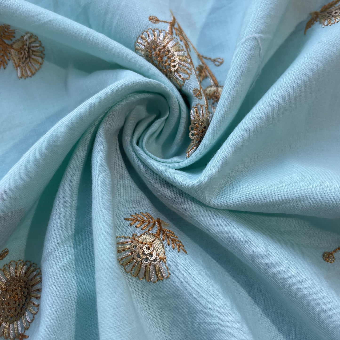 Sea Green Thread Buti Sequins Embroidery Cotton Fabric 15529