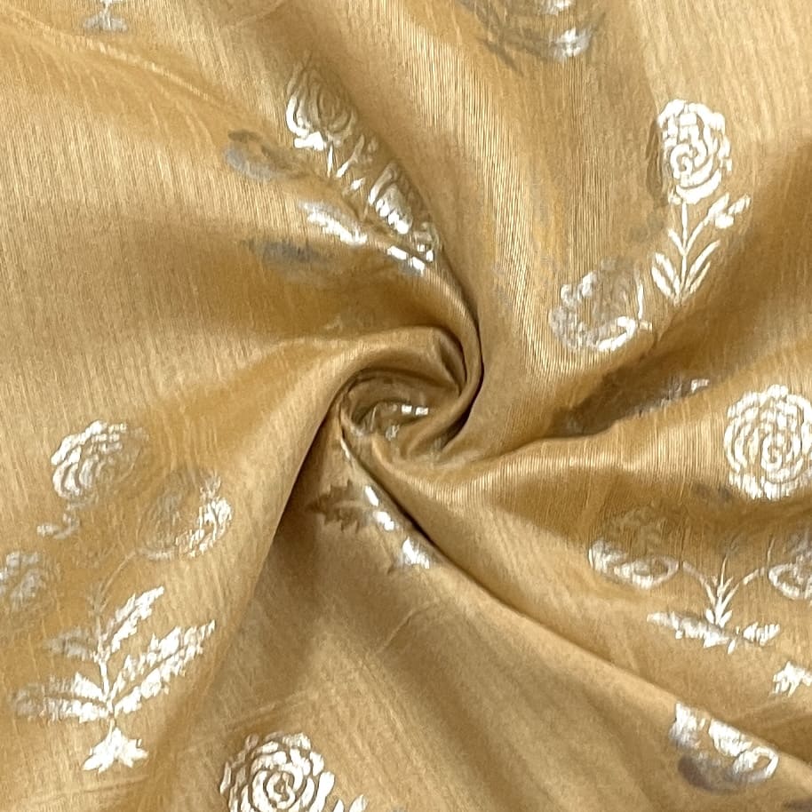 classic golden floral print dupion silk fabric