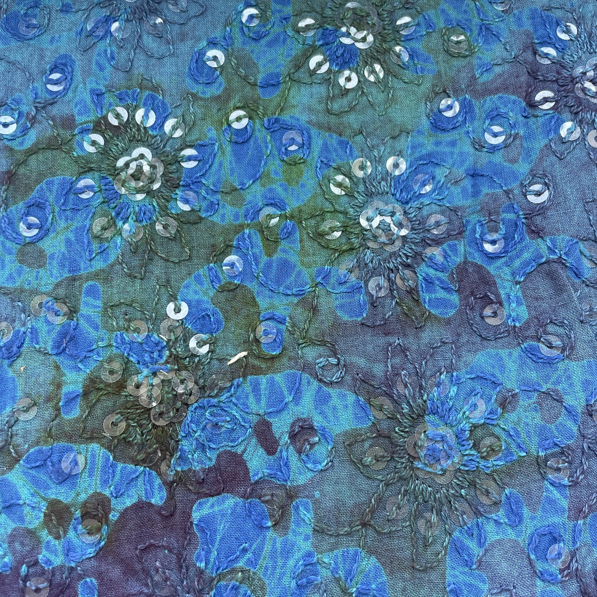 Blue Floral Batik Thread Sequins Embroidery Cotton Fabric 15538