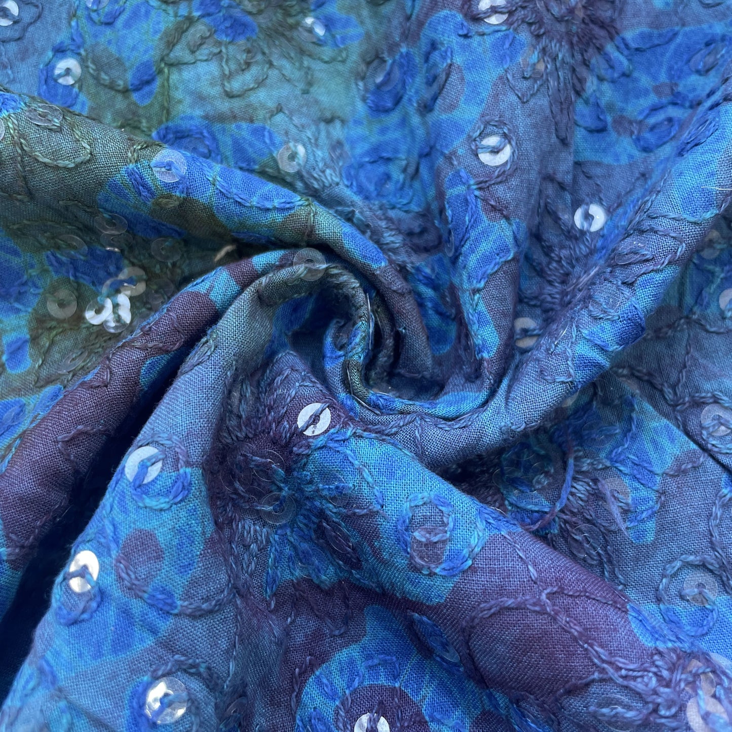 Blue Floral Batik Thread Sequins Embroidery Cotton Fabric 15538