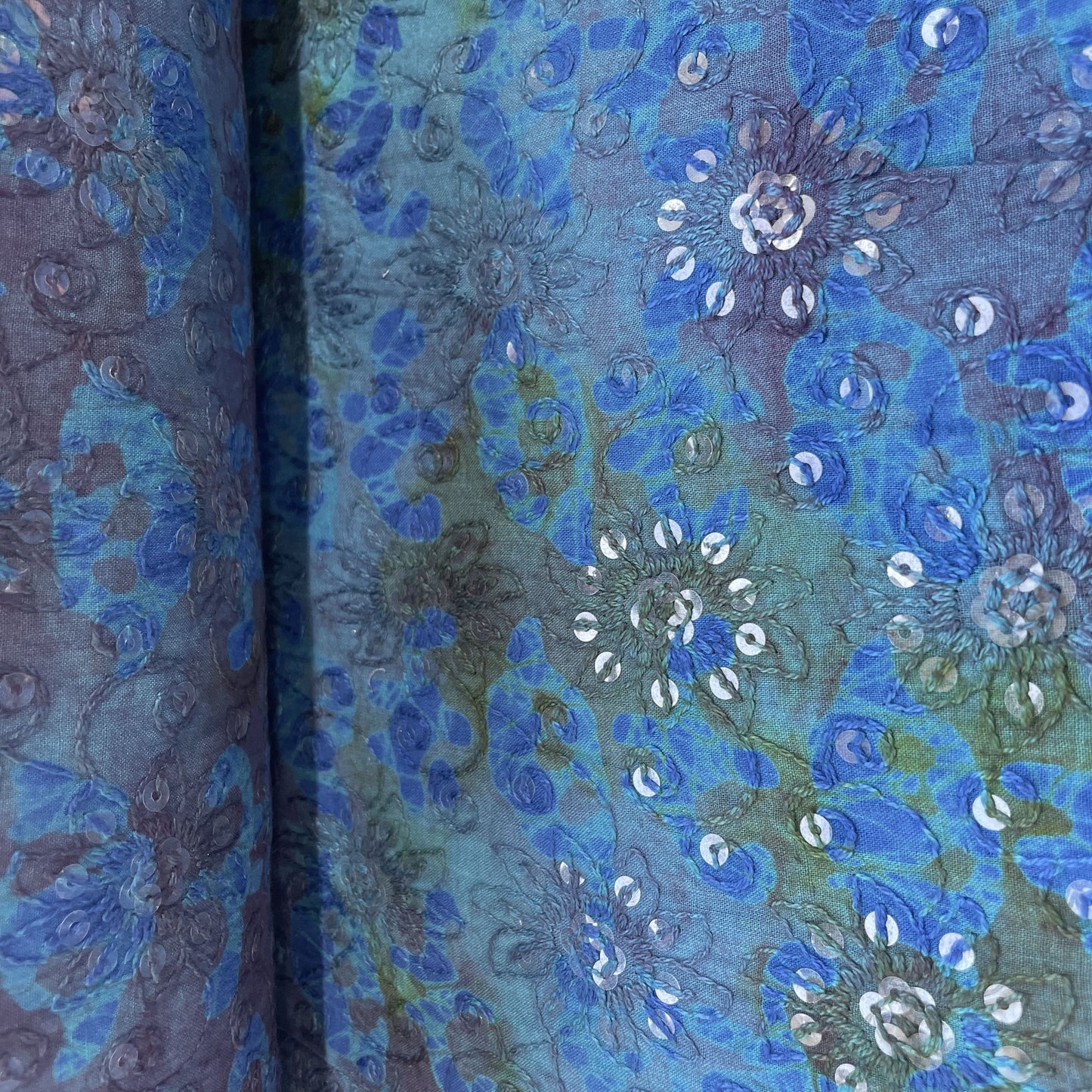 Blue Floral Batik Thread Sequins Embroidery Cotton Fabric 15538