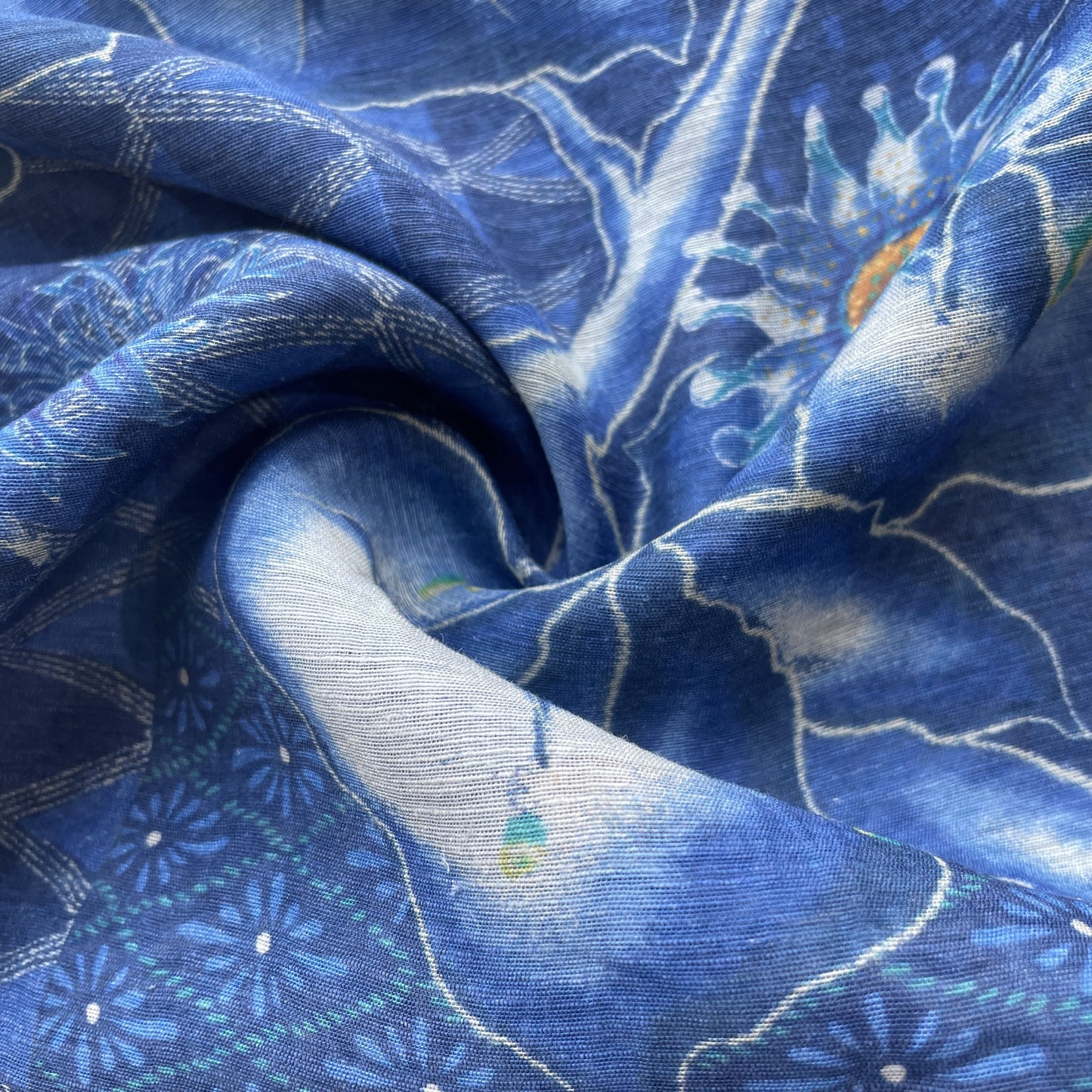 Indigo Blue Floral Linen Organza Fabric 17612