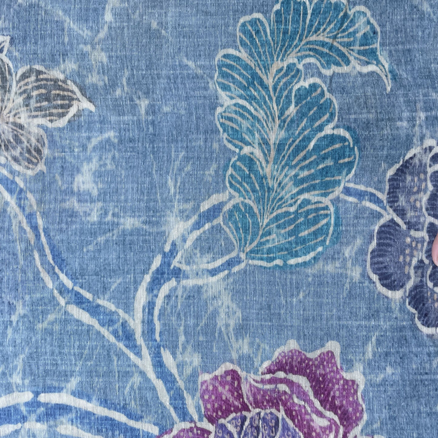 Blue Floral Print Linen Organza Fabric 17615