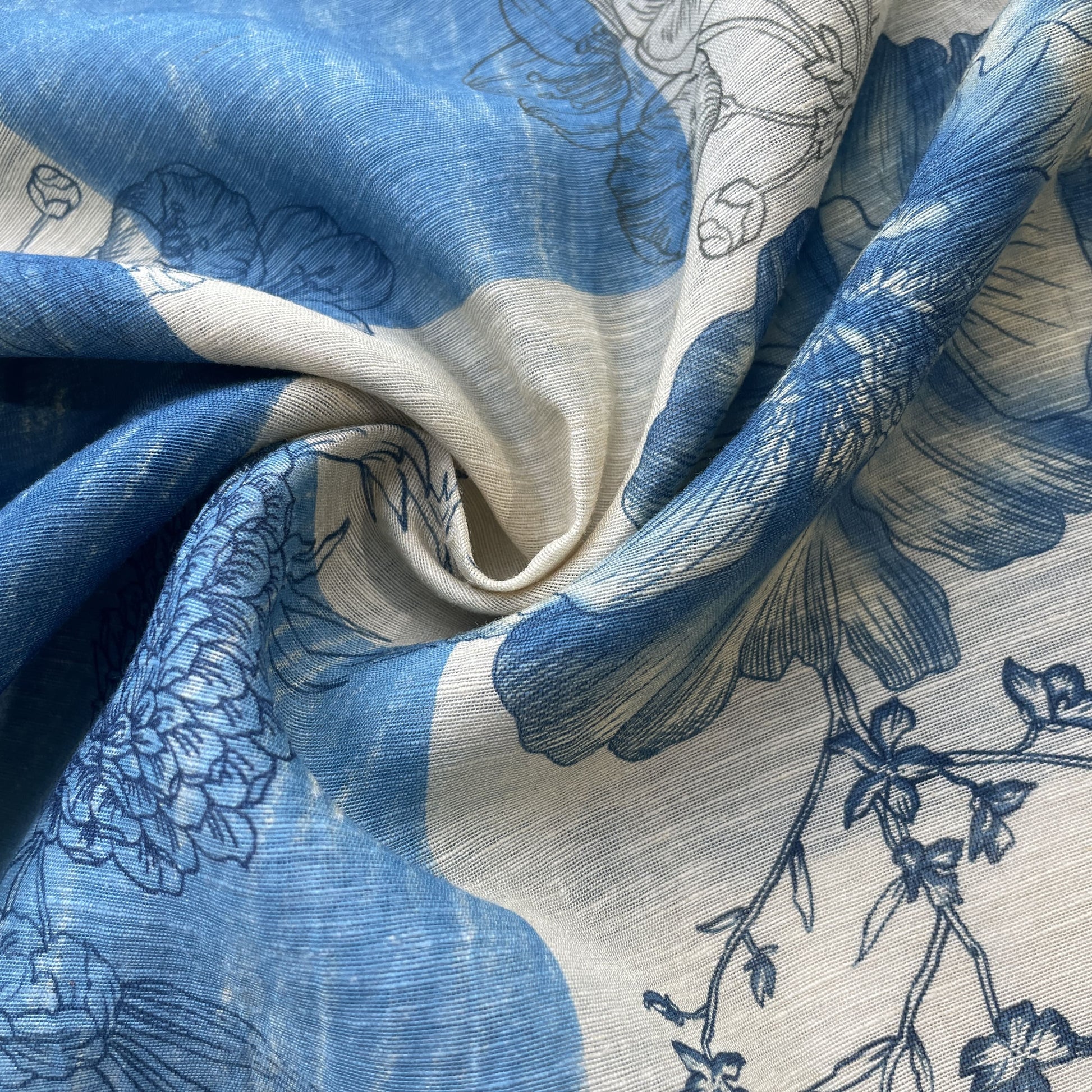 Cream Blue Abstract Floral Print Fabric 17187