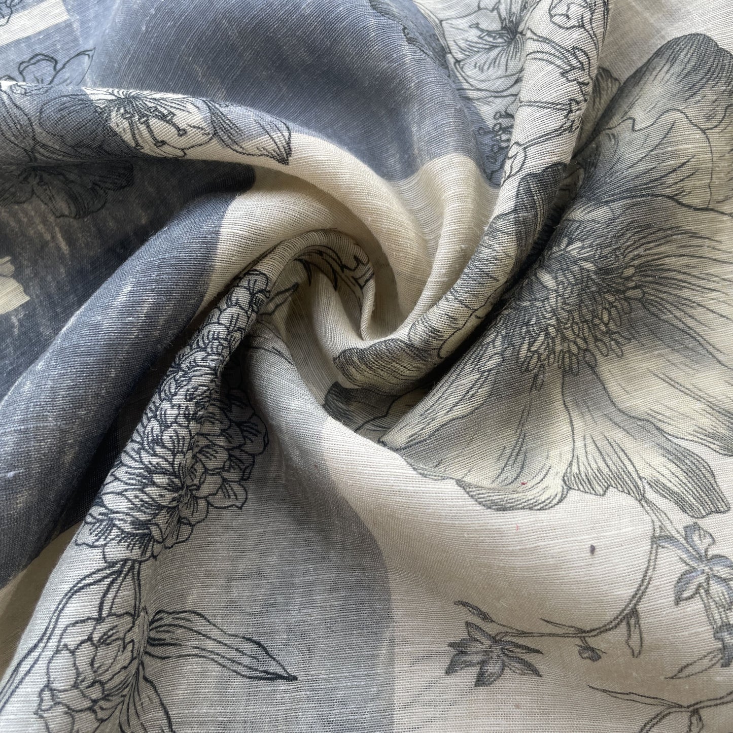 Cream Grey Abstact Floral Print Linen Organza Fabric 17186