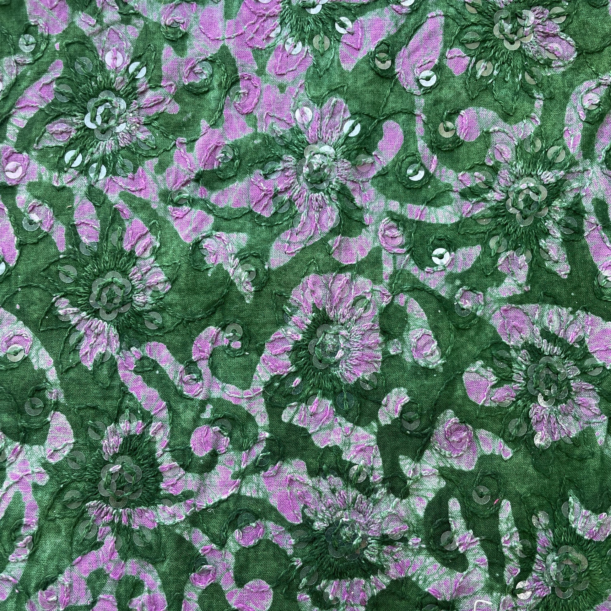 Green Floral Batik Thread Sequins Embroidery Cotton Fabric 15536