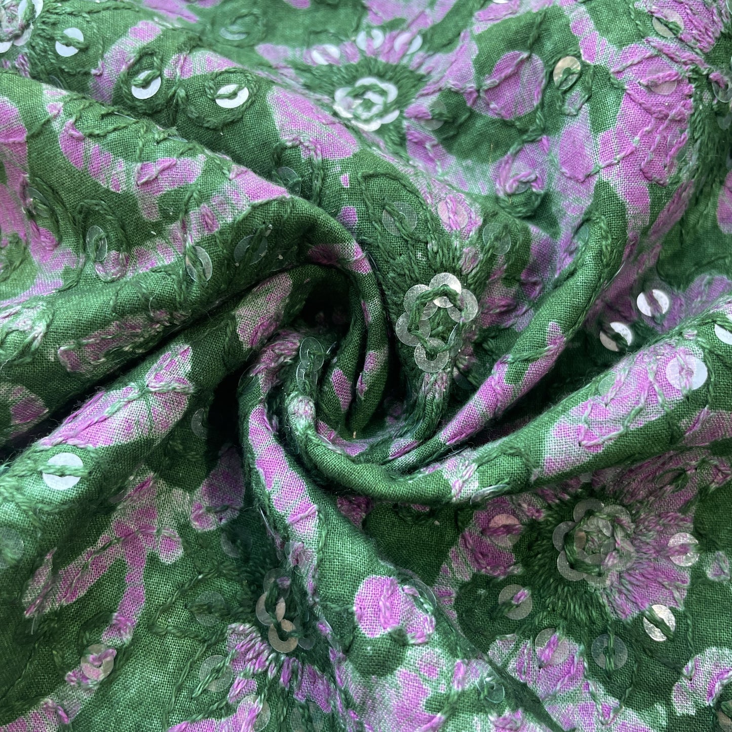 Green Floral Batik Thread Sequins Embroidery Cotton Fabric 15536