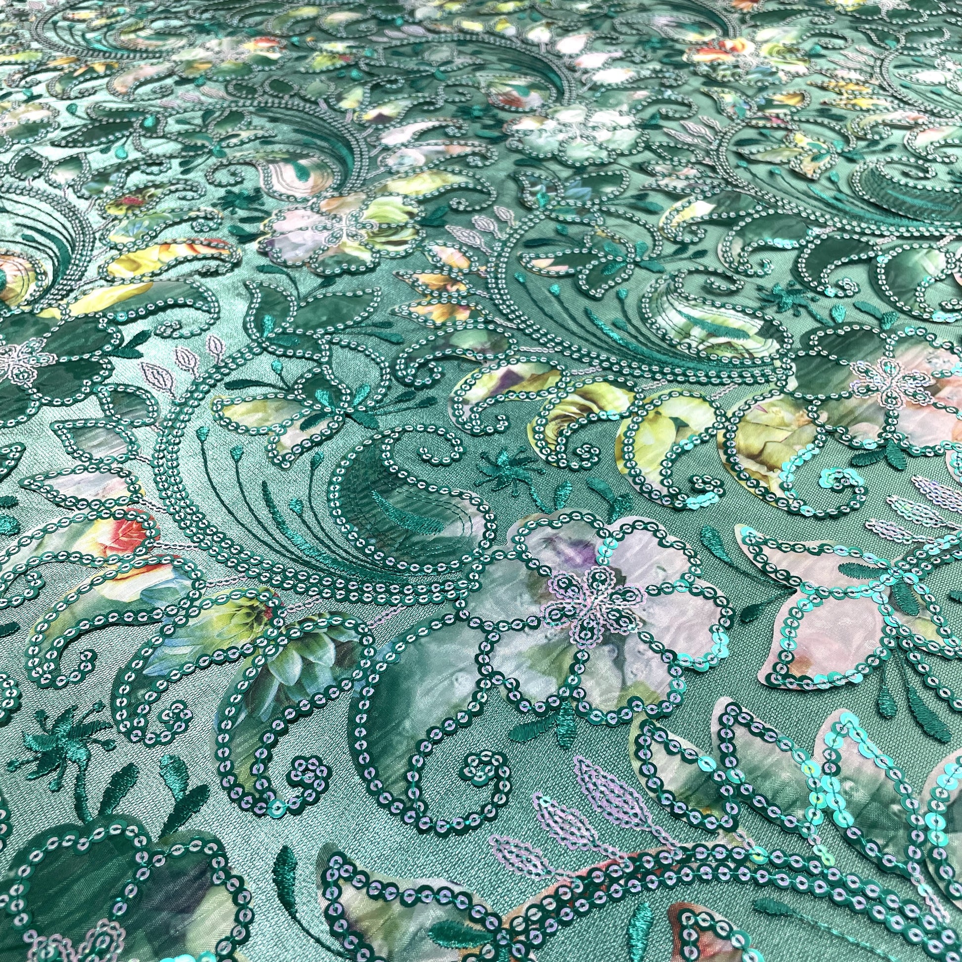 Exclusive Green Applique Sequins Embroidery Net Fabric