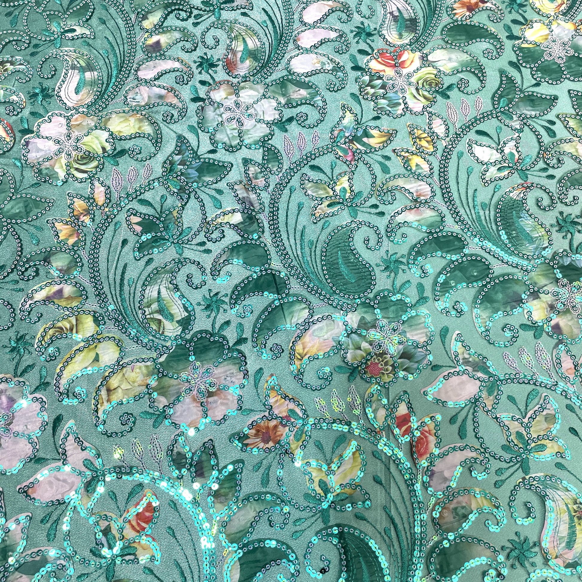 Exclusive Green Applique Sequins Embroidery Net Fabric