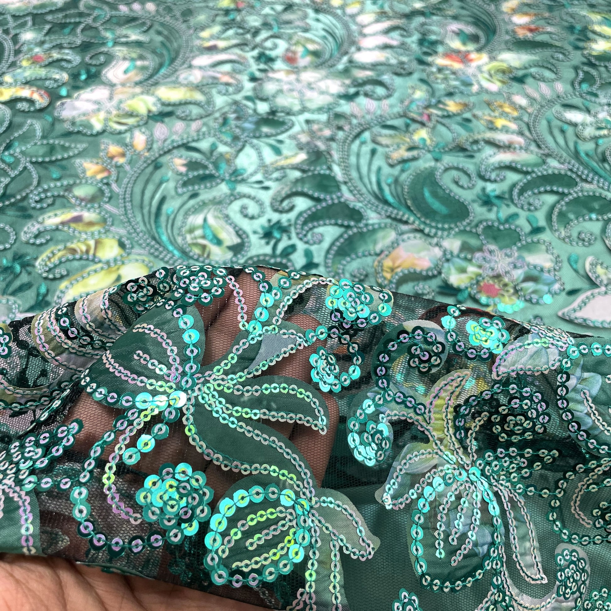 Exclusive Green Applique Sequins Embroidery Net Fabric