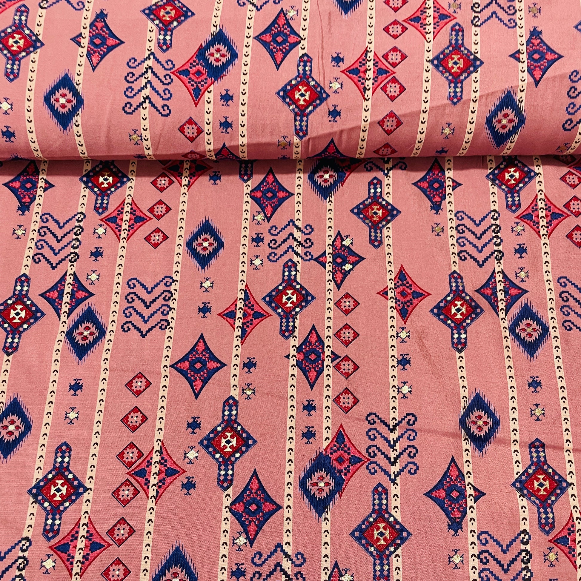 Peach Pink Traditional Foil Print Chanderi Silk Fabric - TradeUNO