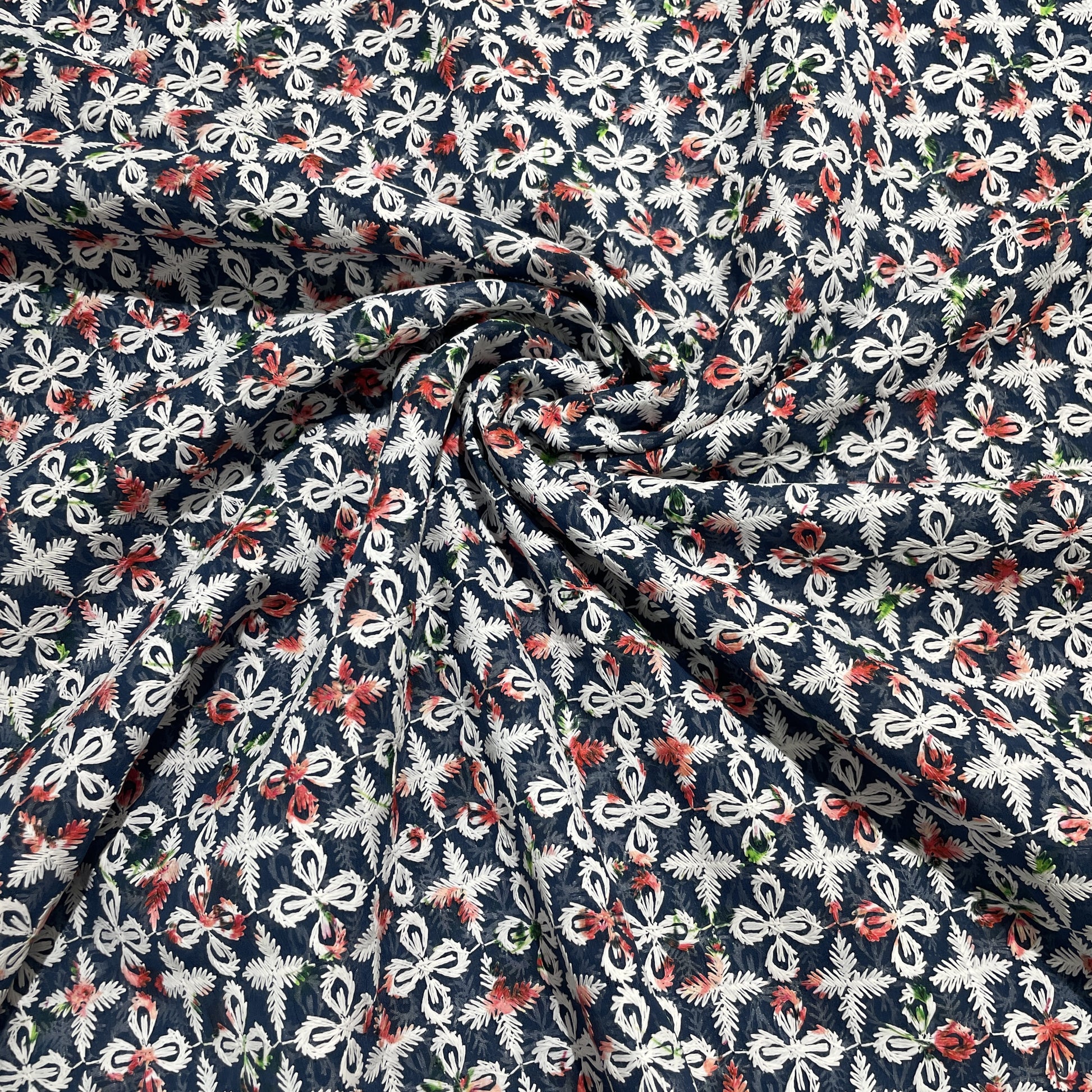 Navy Blue Floral Thread Embrodiery Georgette Fabric