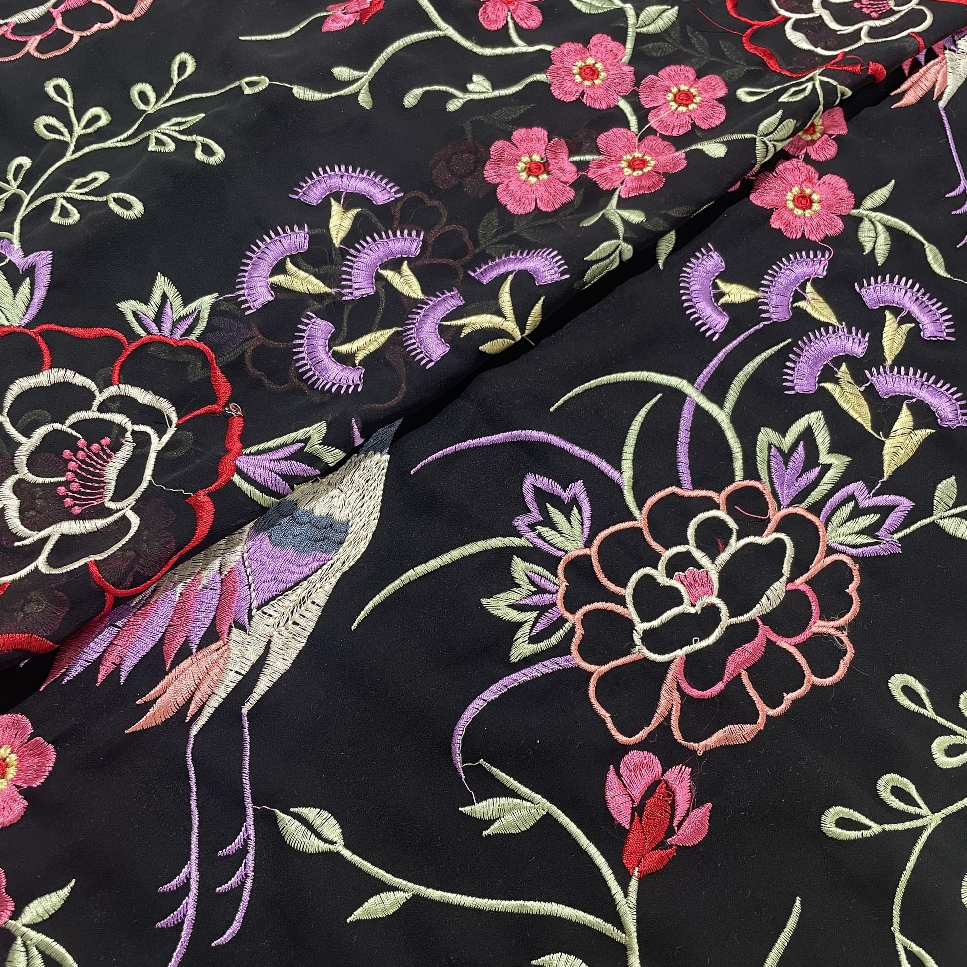 Black Parsi Gara Embroidery Georgette Fabric