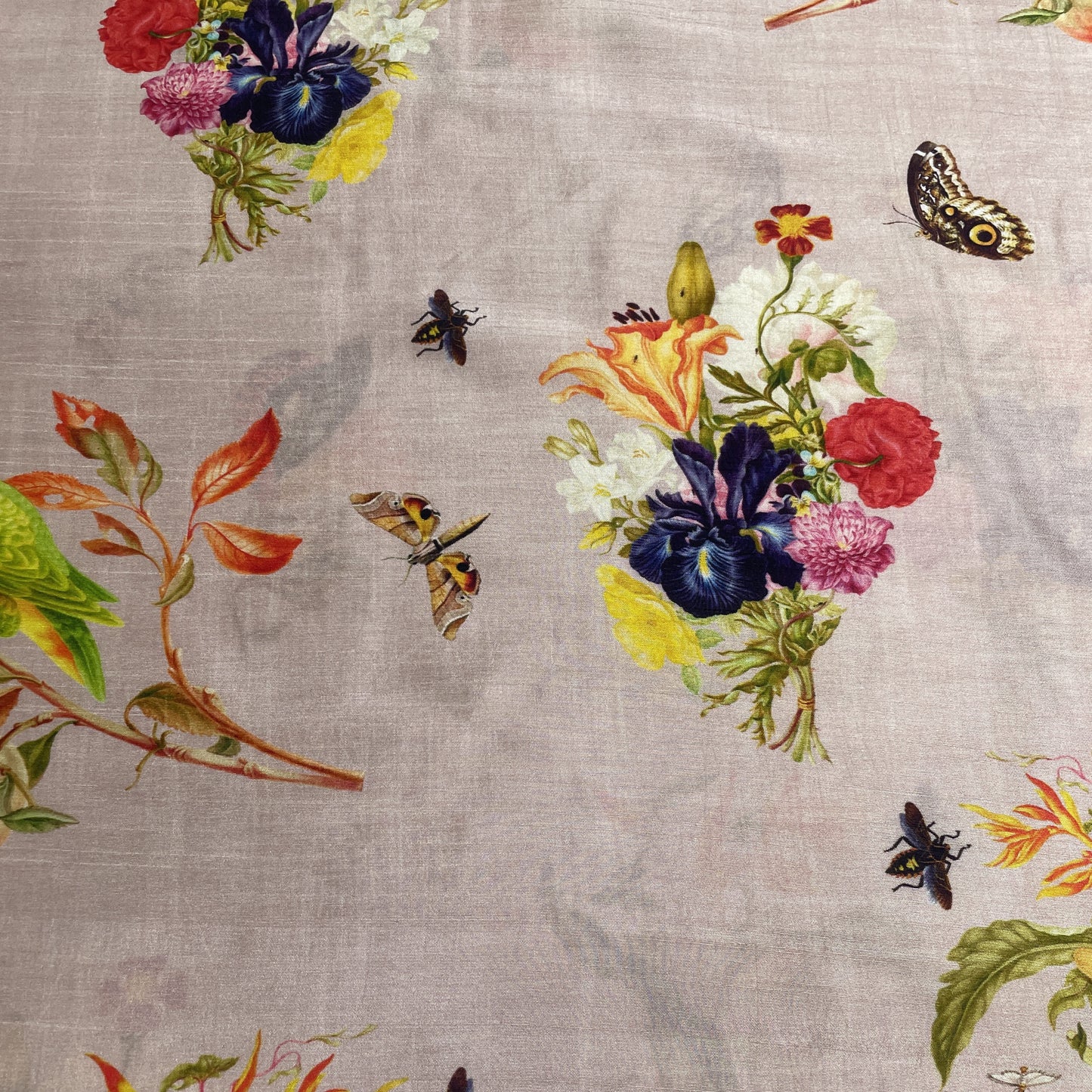 Beige Floral Print Tusser Silk Fabric