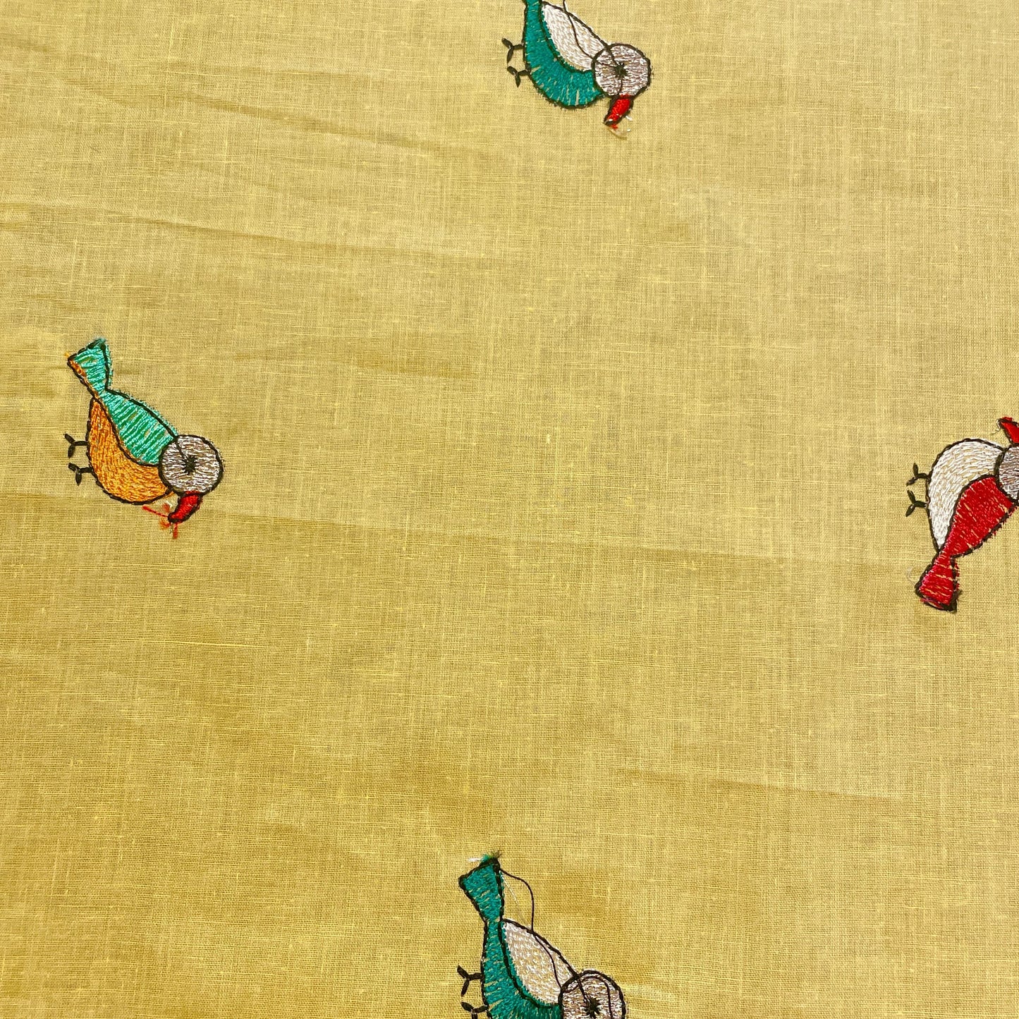 Yellow Quirky Thread Embroidery Cotton Fabric