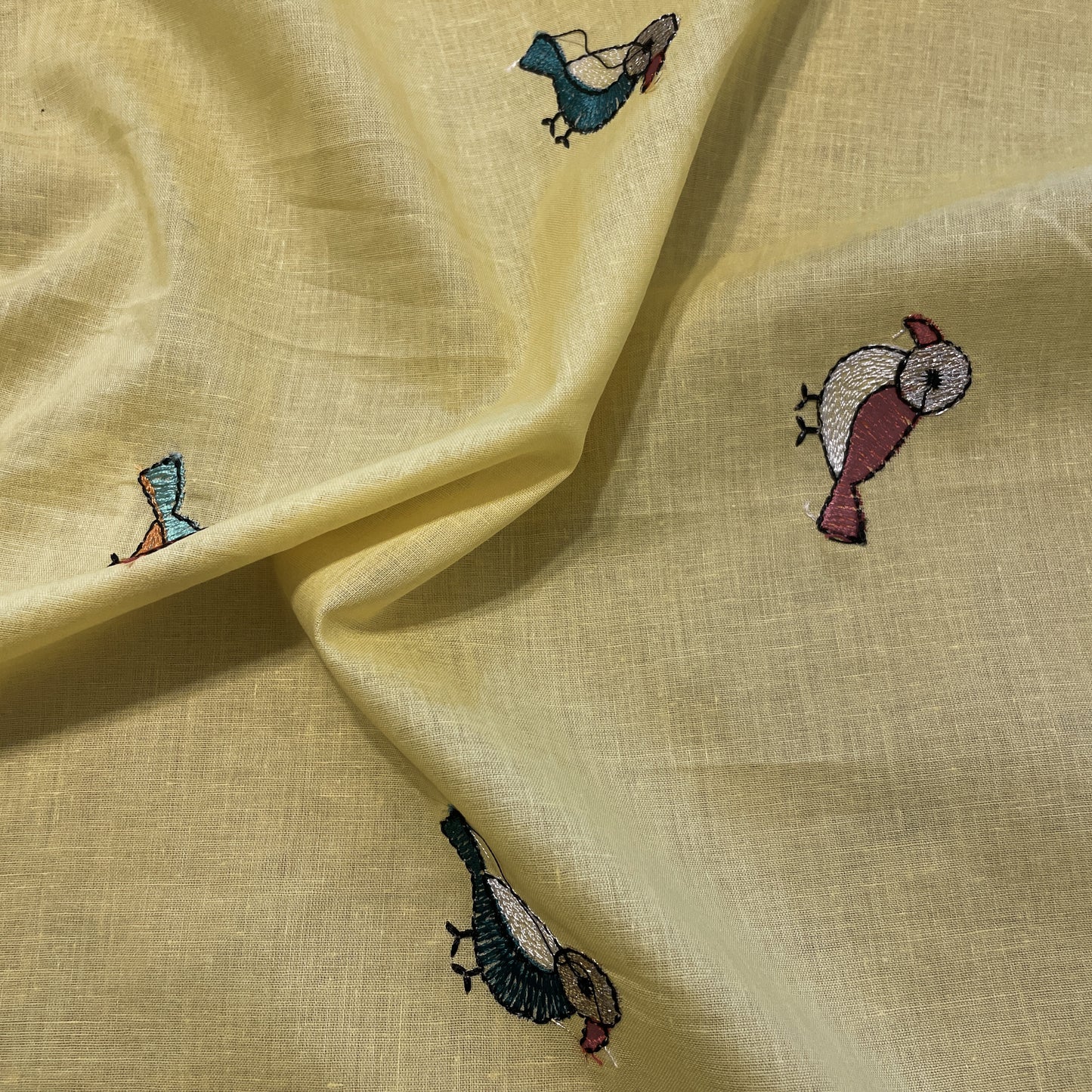 Yellow Quirky Thread Embroidery Cotton Fabric