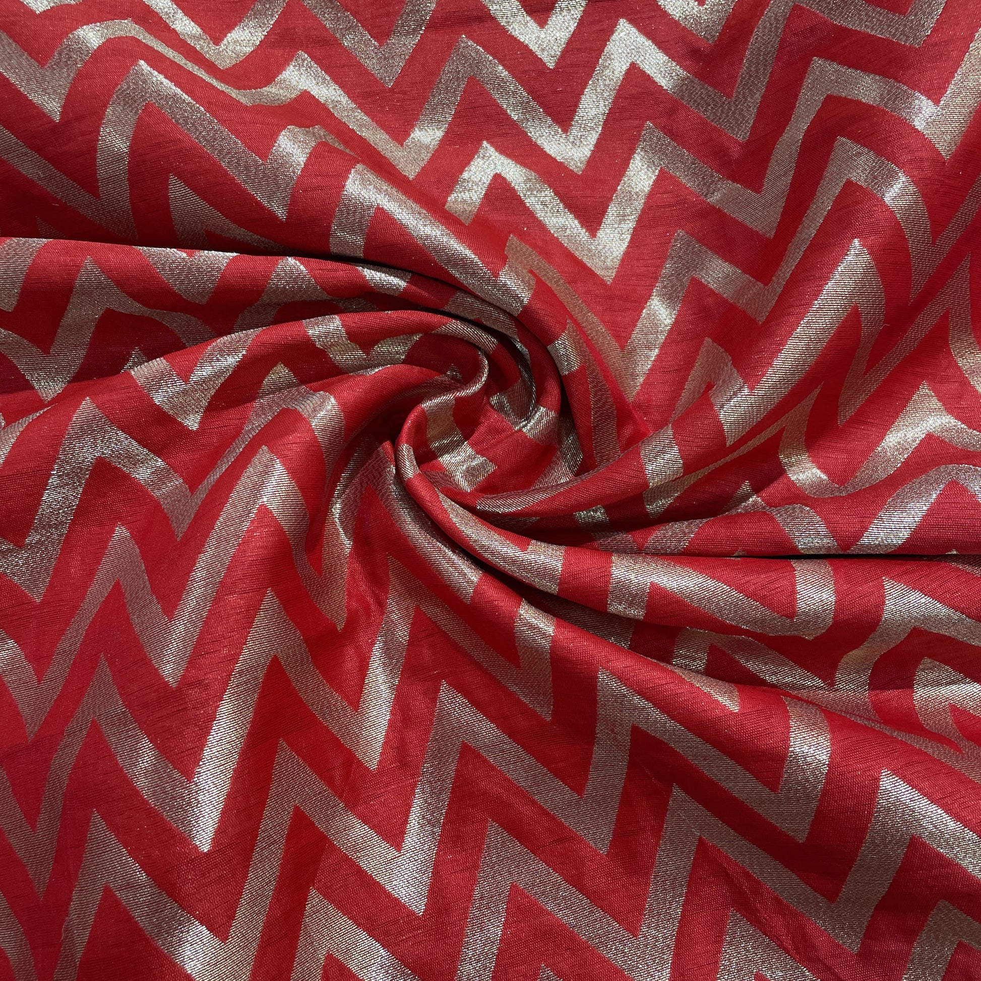 Red Golden Chevron Brocade Jacquard Fabric