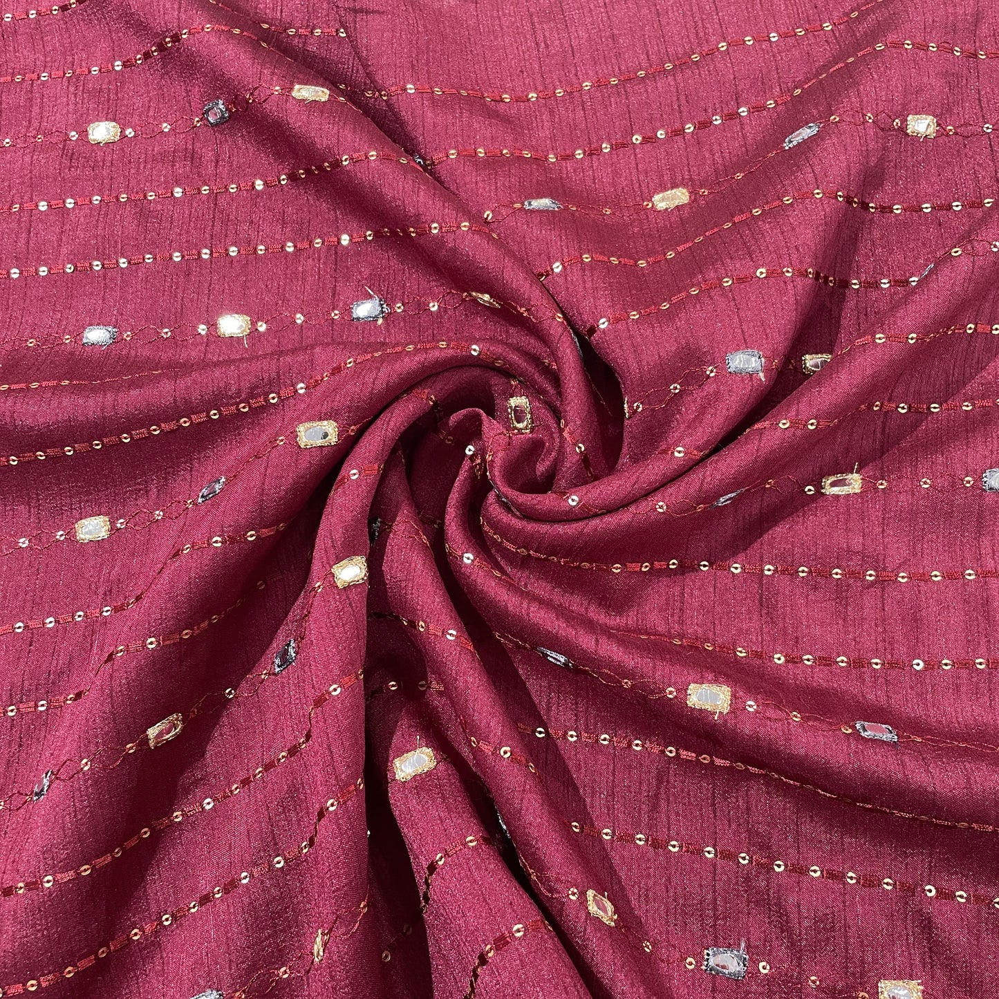 Maroon Mirror Sequins Soft Dupion Silk Fabric