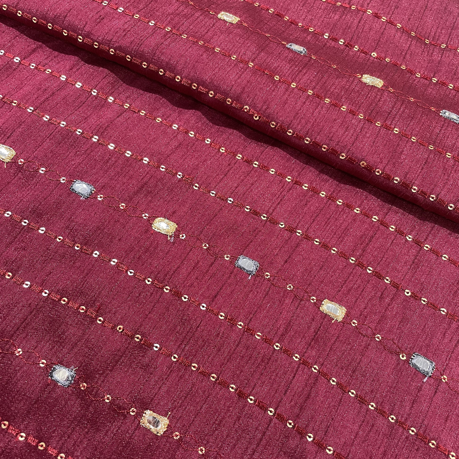 Maroon Mirror Sequins Soft Dupion Silk Fabric