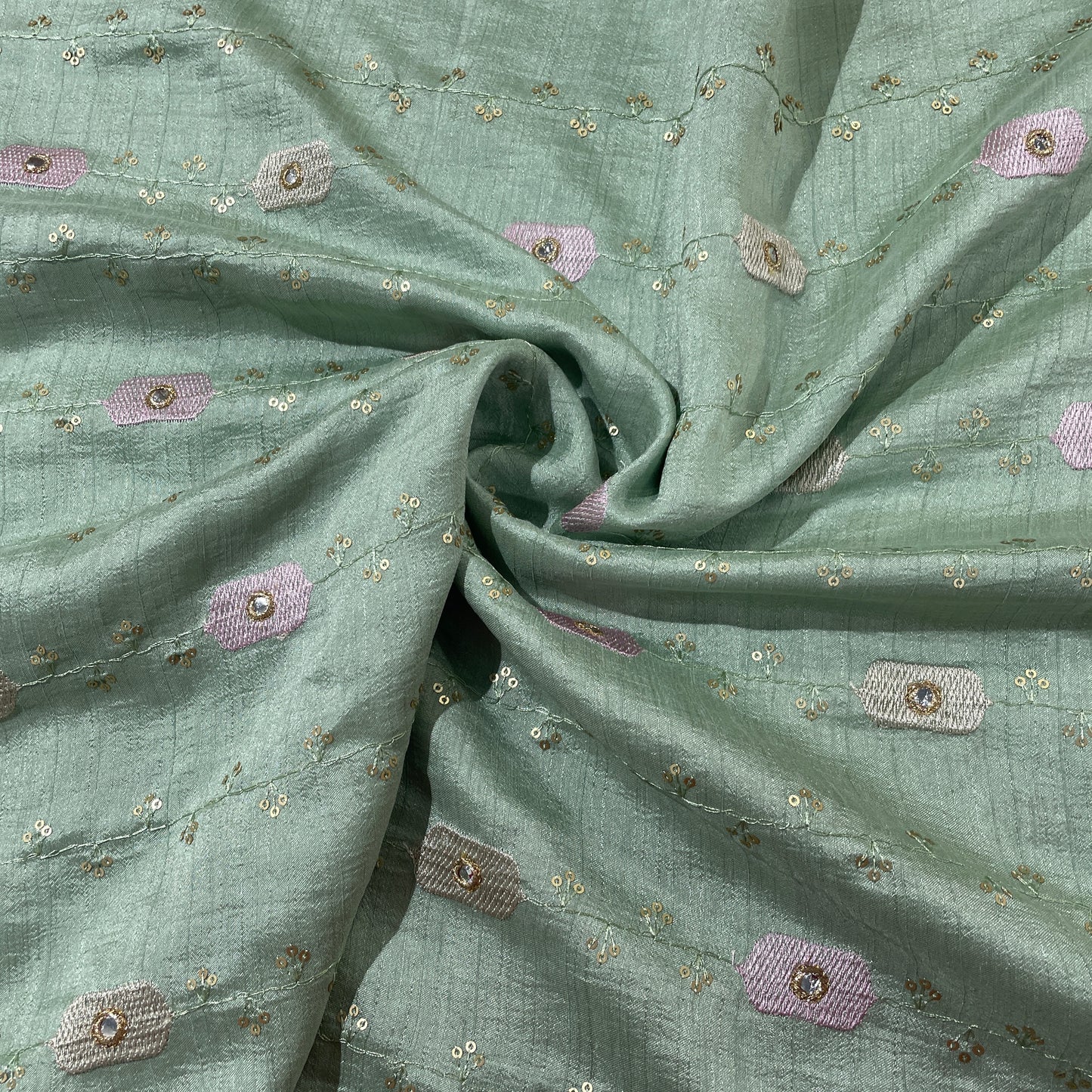 Mint Green Thread Embroidery Bemberg Silk Fabric