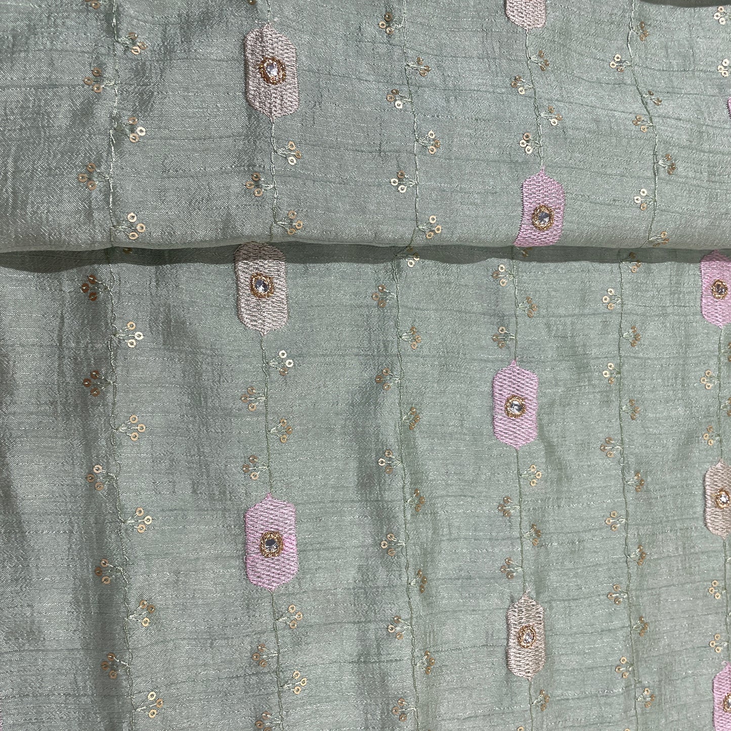 Mint Green Thread Embroidery Bemberg Silk Fabric