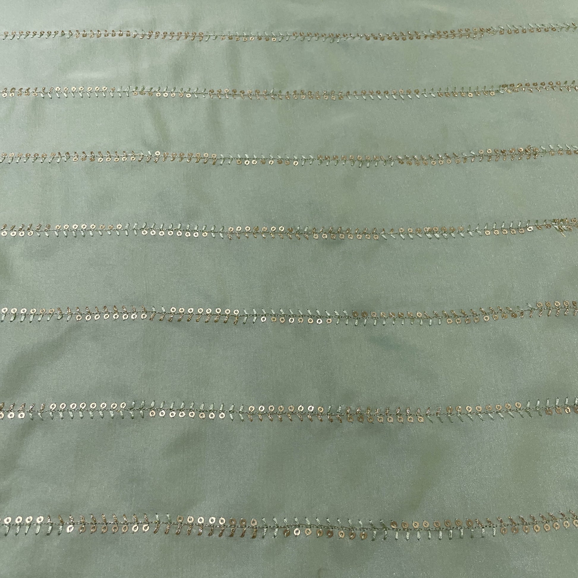 Mint Green Stripes Embroidery Bemberg Silk Fabric