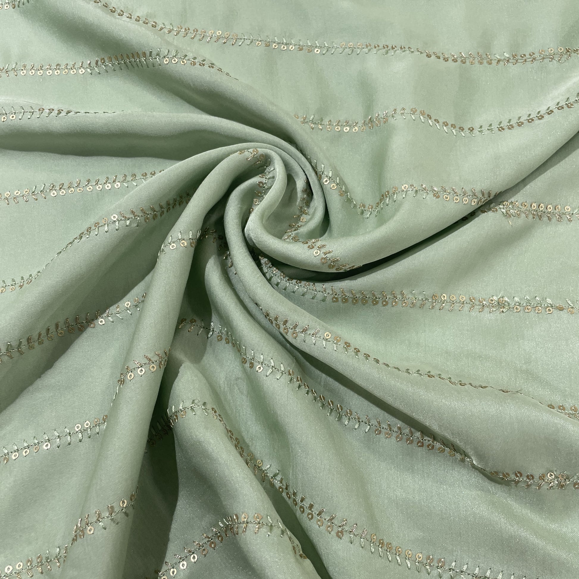 Mint Green Stripes Embroidery Bemberg Silk Fabric