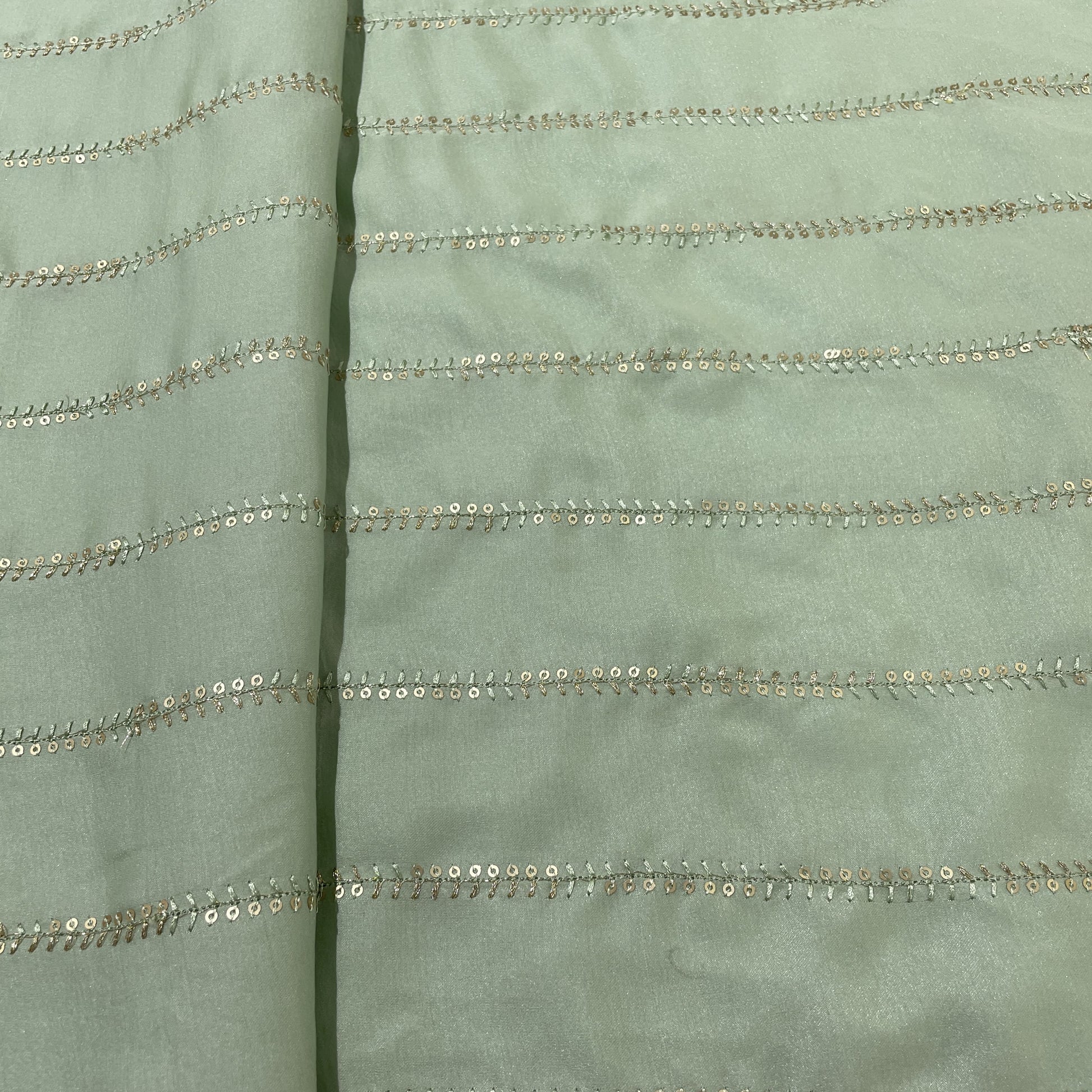 Mint Green Stripes Embroidery Bemberg Silk Fabric