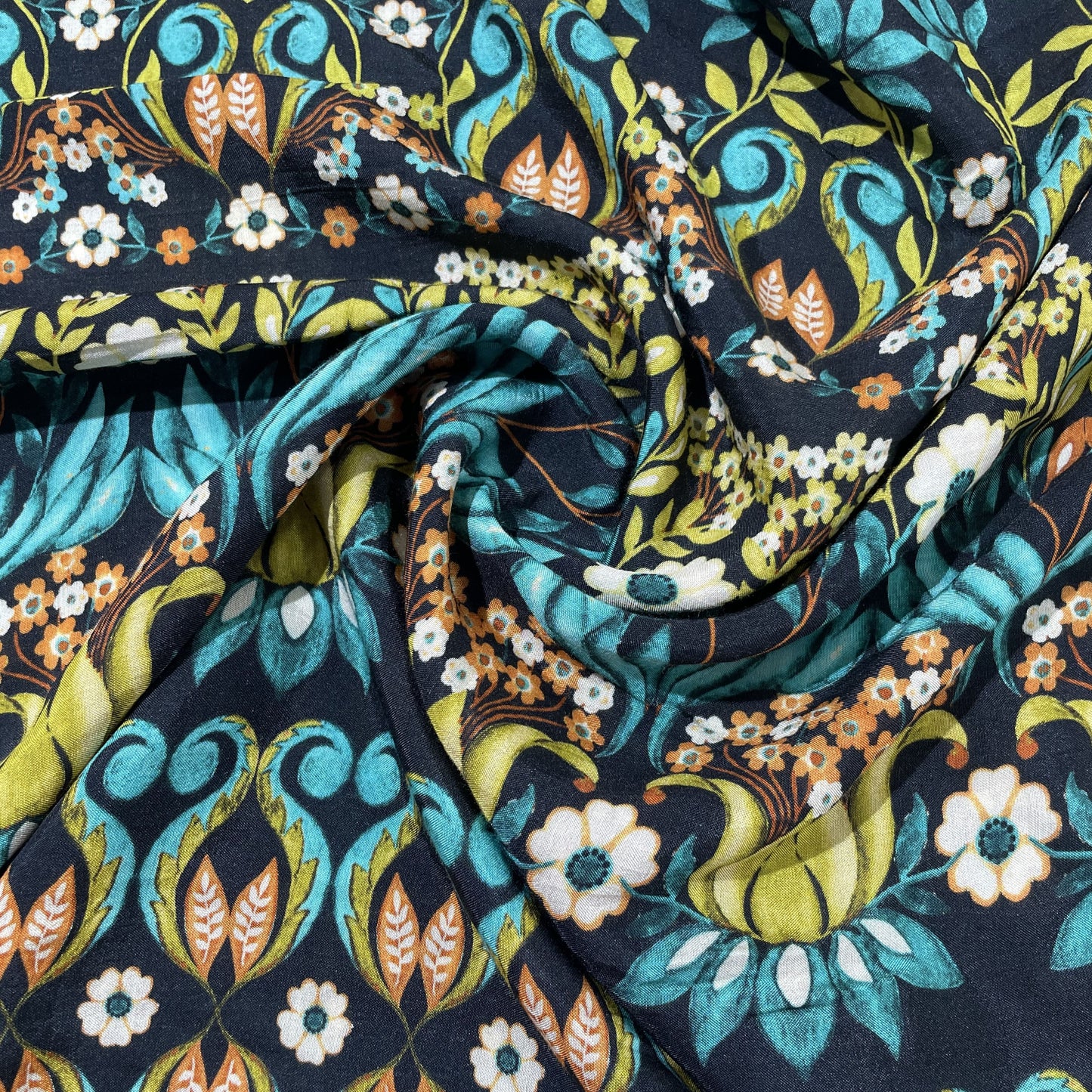 Black Multicor Tropical Print Viscose Muslin Fabric