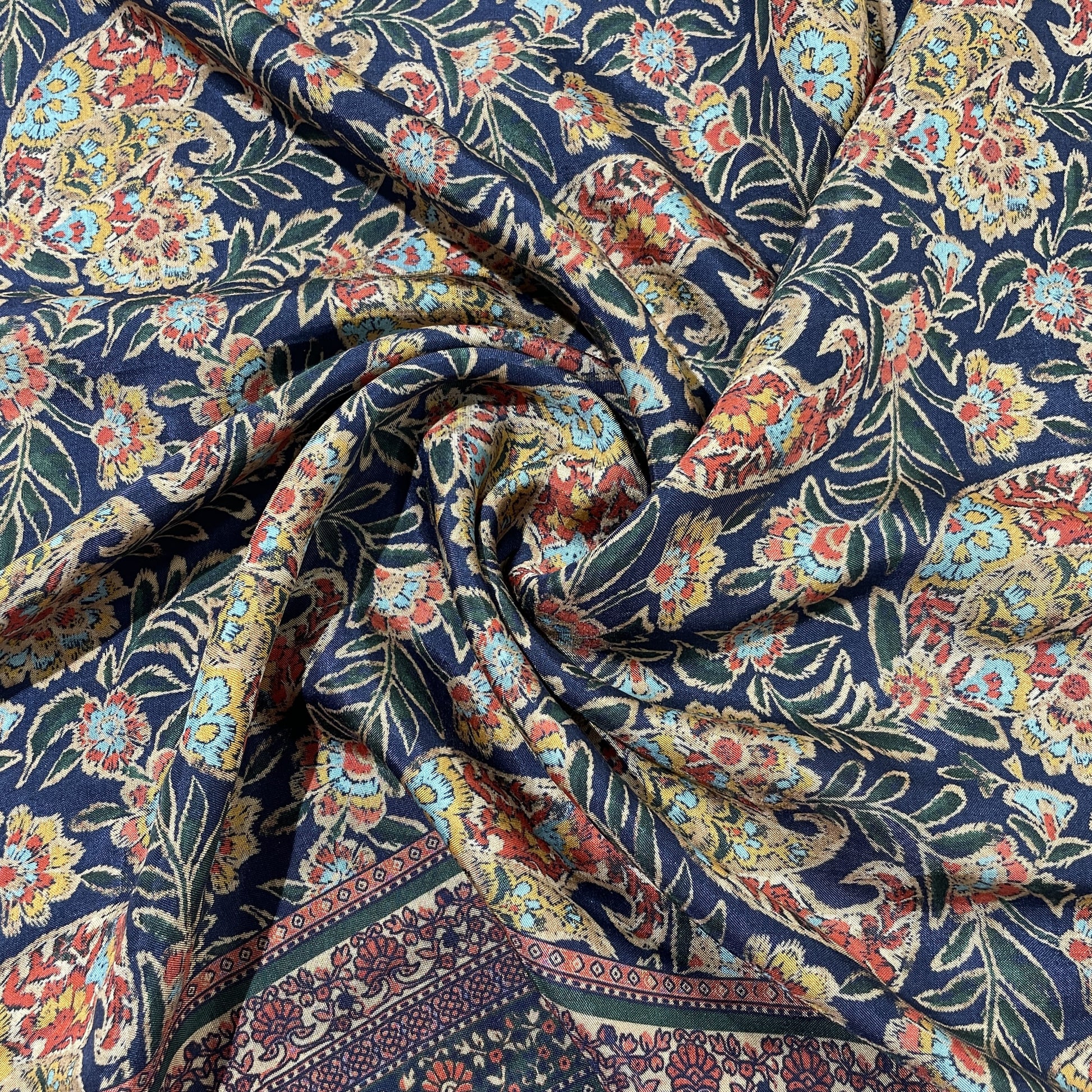 Blue Multicolor Madhubani Border Print Muslin Fabric