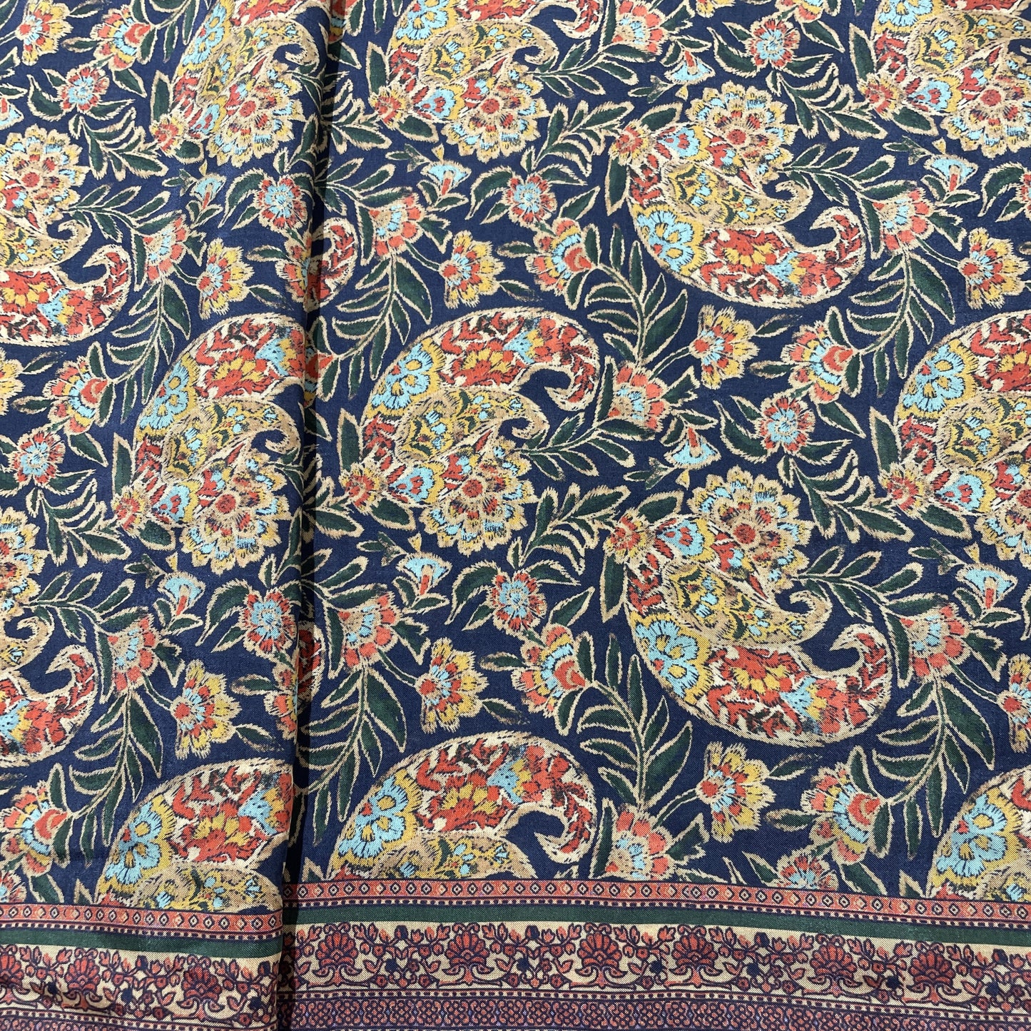 Blue Multicolor Madhubani Border Print Muslin Fabric